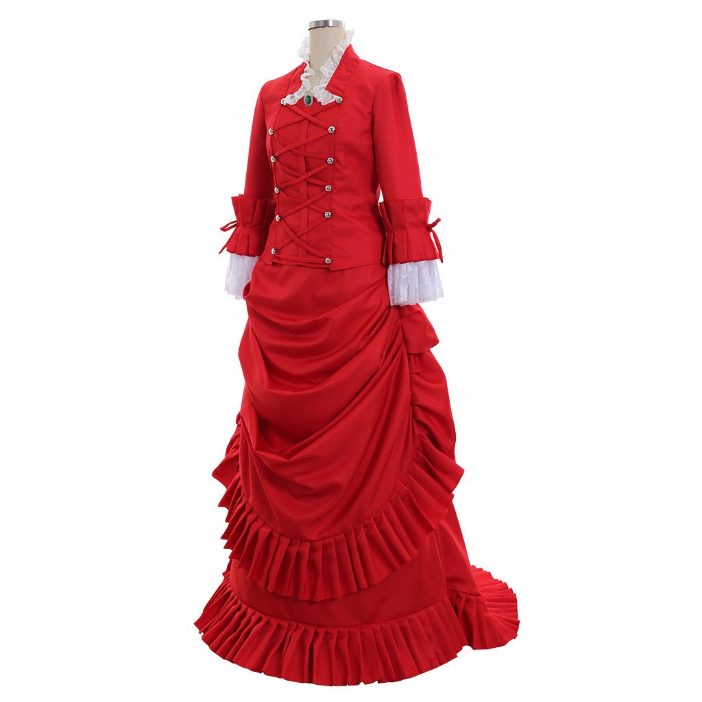 Robe de bal bustle rouge victorienne | Robe à bretelles des années 1860 pour événements historiques