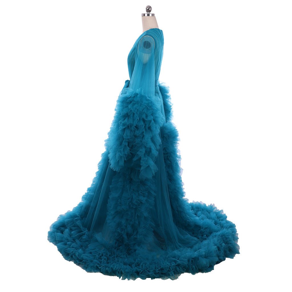 Robe de Mariée Boudoir Élégante | Costume Long en Tulle Bleu Illusion du 18e Siècle Médiéval pour Femmes