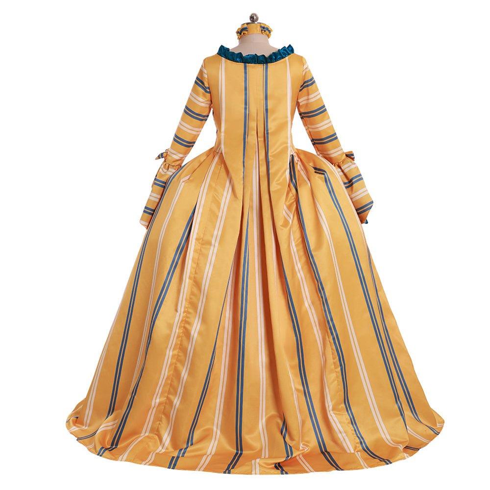 Robe de Mariée Rococo Jaune du 18e Siècle - Élégance Rayée avec Fleurs Bleues