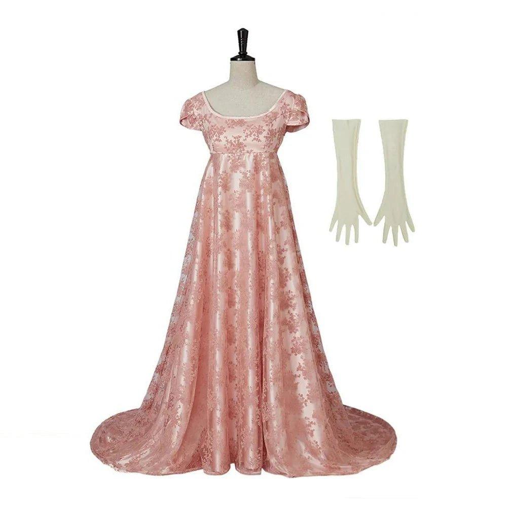 Robe du 18e siècle pour femme à haute taille rose avec gants - Élégance intemporelle pour toute occasion