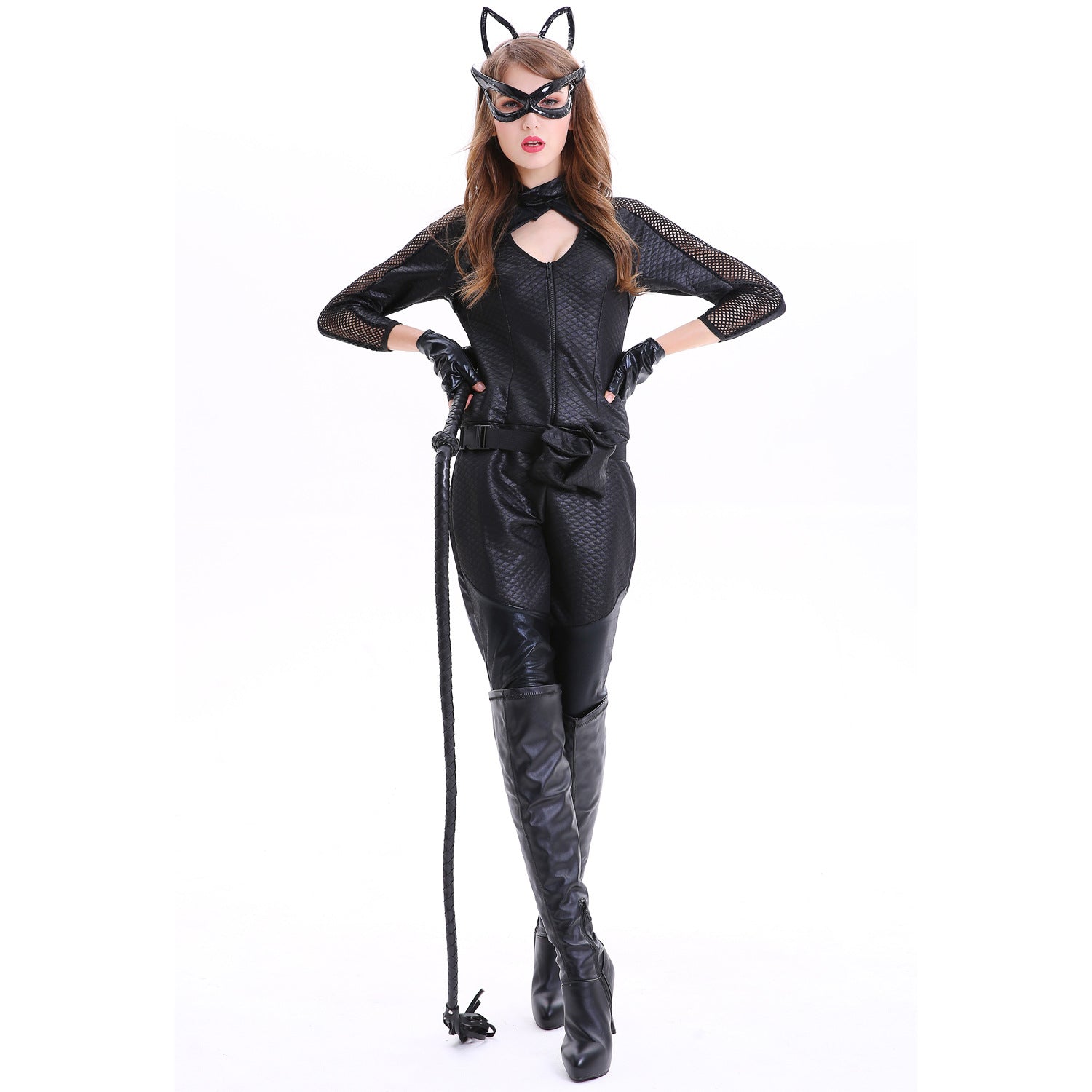 Costume de Catwoman pour Halloween - Combinaison en cuir PU et masque de chat pour cosplay