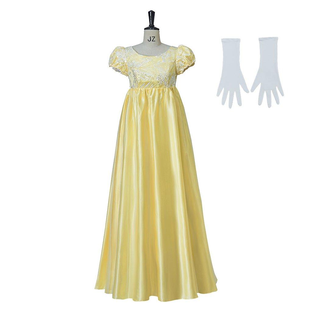 Robe Empire en Soie Scintillante Jaune | Costume Cosplay Style Regency Inspiré par Penelope Featherington