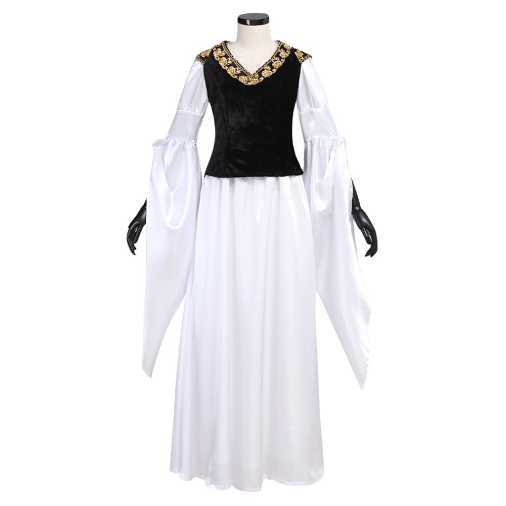 Robe médiévale blanche avec gilet noir costume cosplay personnalisé pour adultes Halloween Carnaval