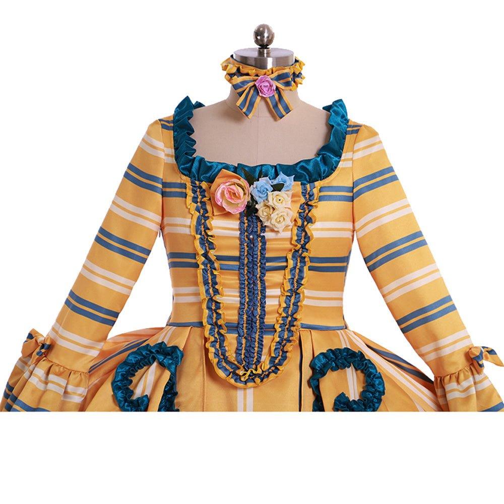 Robe de Mariée Rococo Jaune du 18e Siècle - Élégance Rayée avec Fleurs Bleues