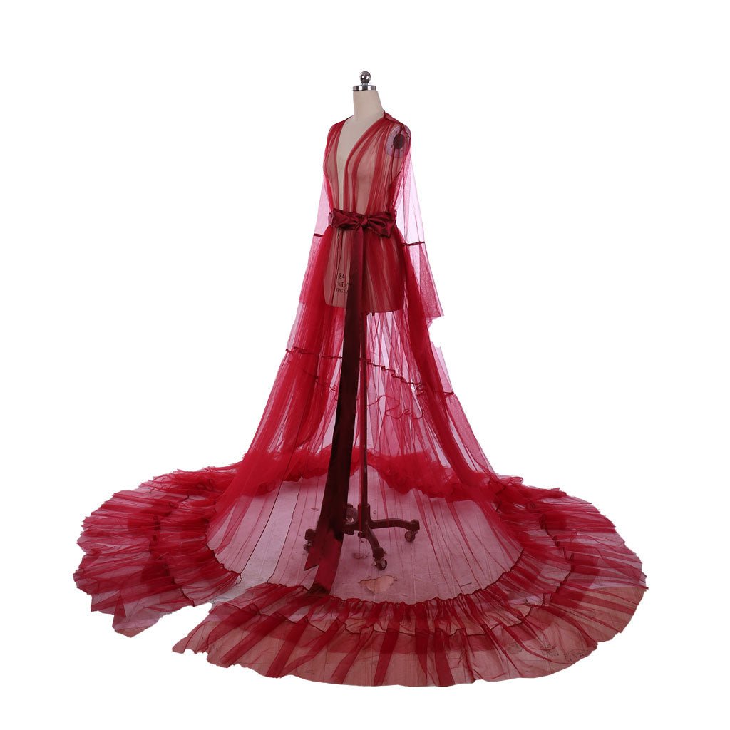 Robe de Mariée Boudoir Médiévale 18ème Siècle Rouge en Tulle Transparent Costume pour Femme