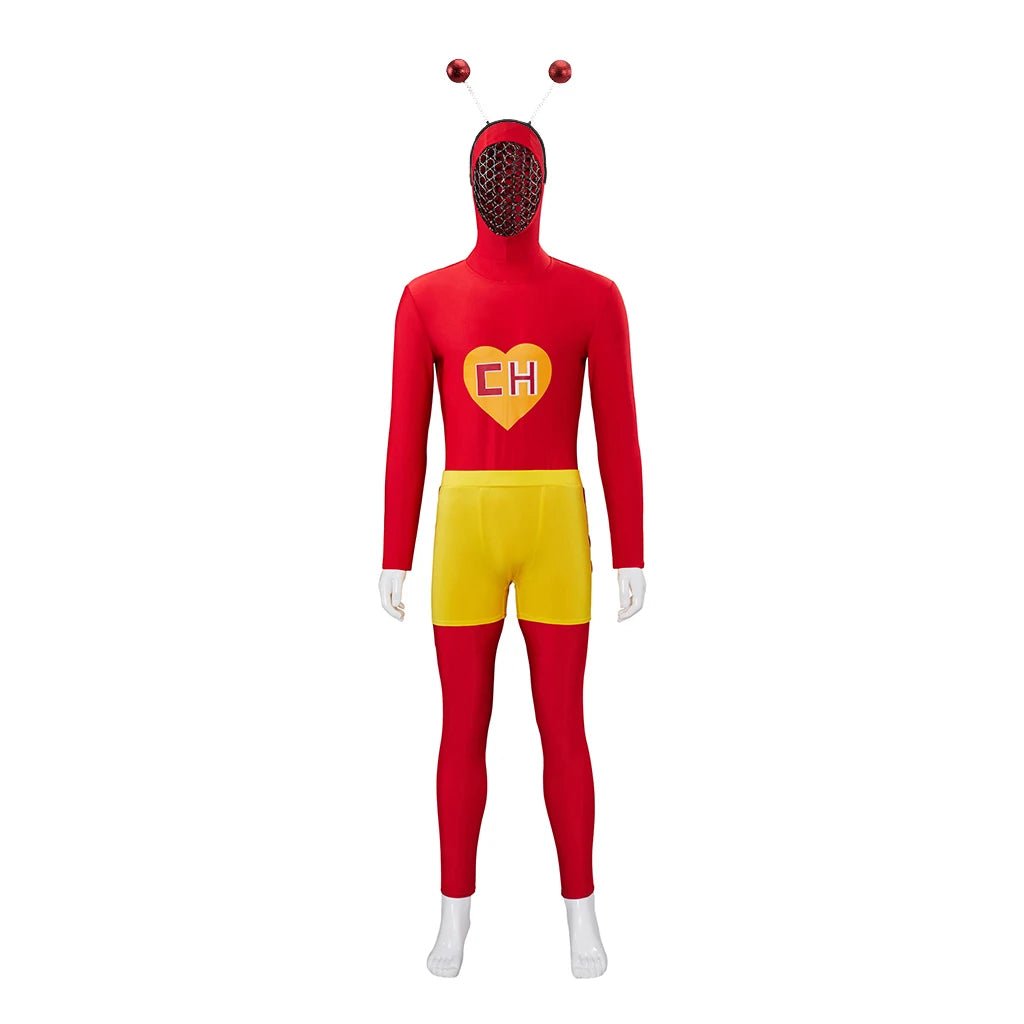 Costume El Chapulin Colorado Combinaison Rouge Imprimé Cœur pour Halloween Cosplay