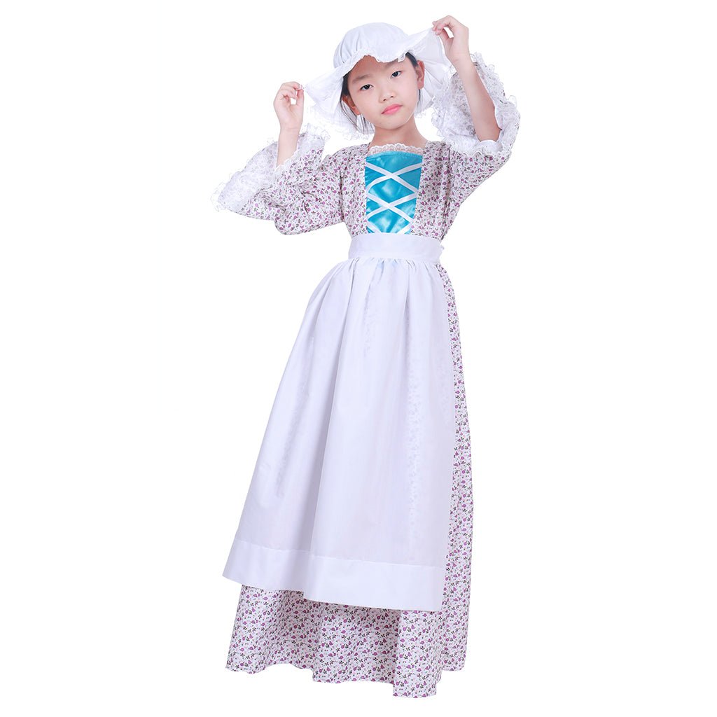 Costume de Fille Pionnière Coloniale Bonne avec Chapeau Victorien Prairie Cosplay Carnaval Robe pour Enfants