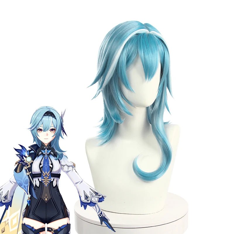 Perruque Cosplay Jeu Genshin Impact Eula 50cm Bleu Accessoire Tête Eula Résistante à la Chaleur Cheveux Synthétiques