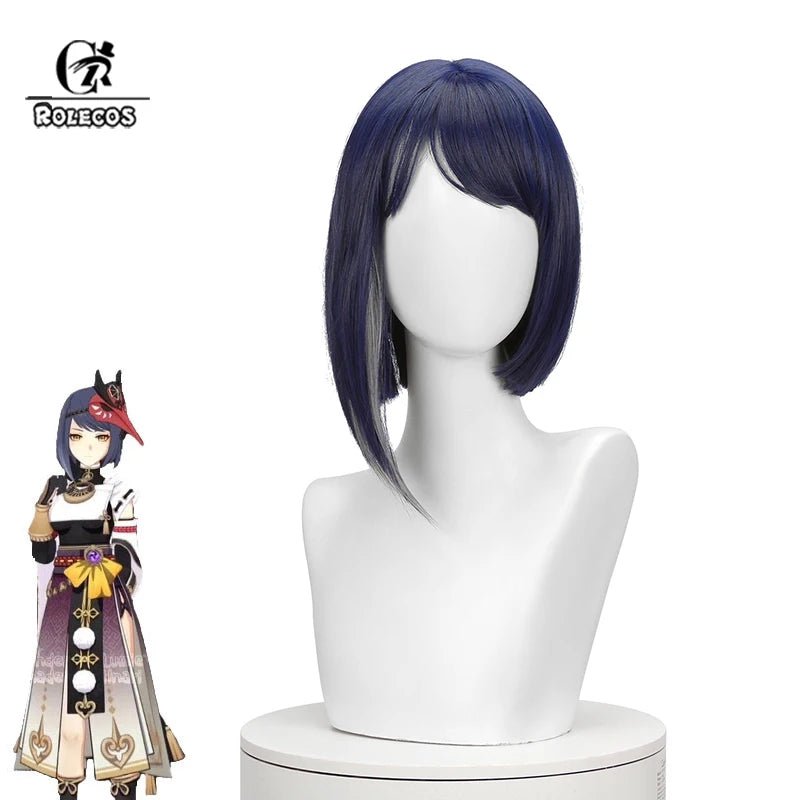 Perruque Cosplay Kujou Sara Genshin Impact 35cm Courte et Droite en Fibres Synthétiques Résistantes à la Chaleur