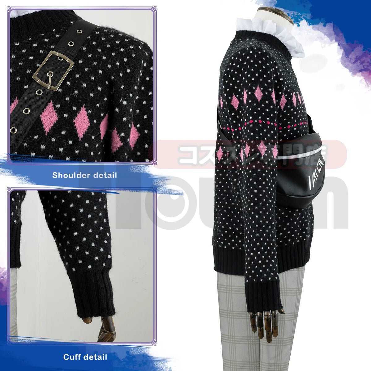 Costume Cosplay Chigiri Blue Lock avec Perruque, Sweater, Pantalon et Sac