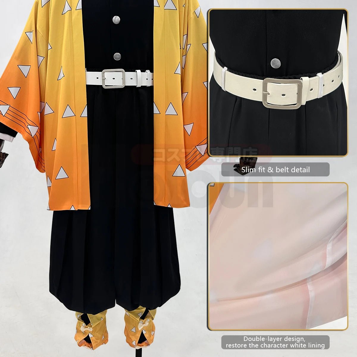 Costume Cosplay Agatsuma Zenitsu de Demon Slayer - Perruque, Haori Brodé, Pantalon Élastique, Ceinture et Filet Rose - Idéal pour Halloween, Noël