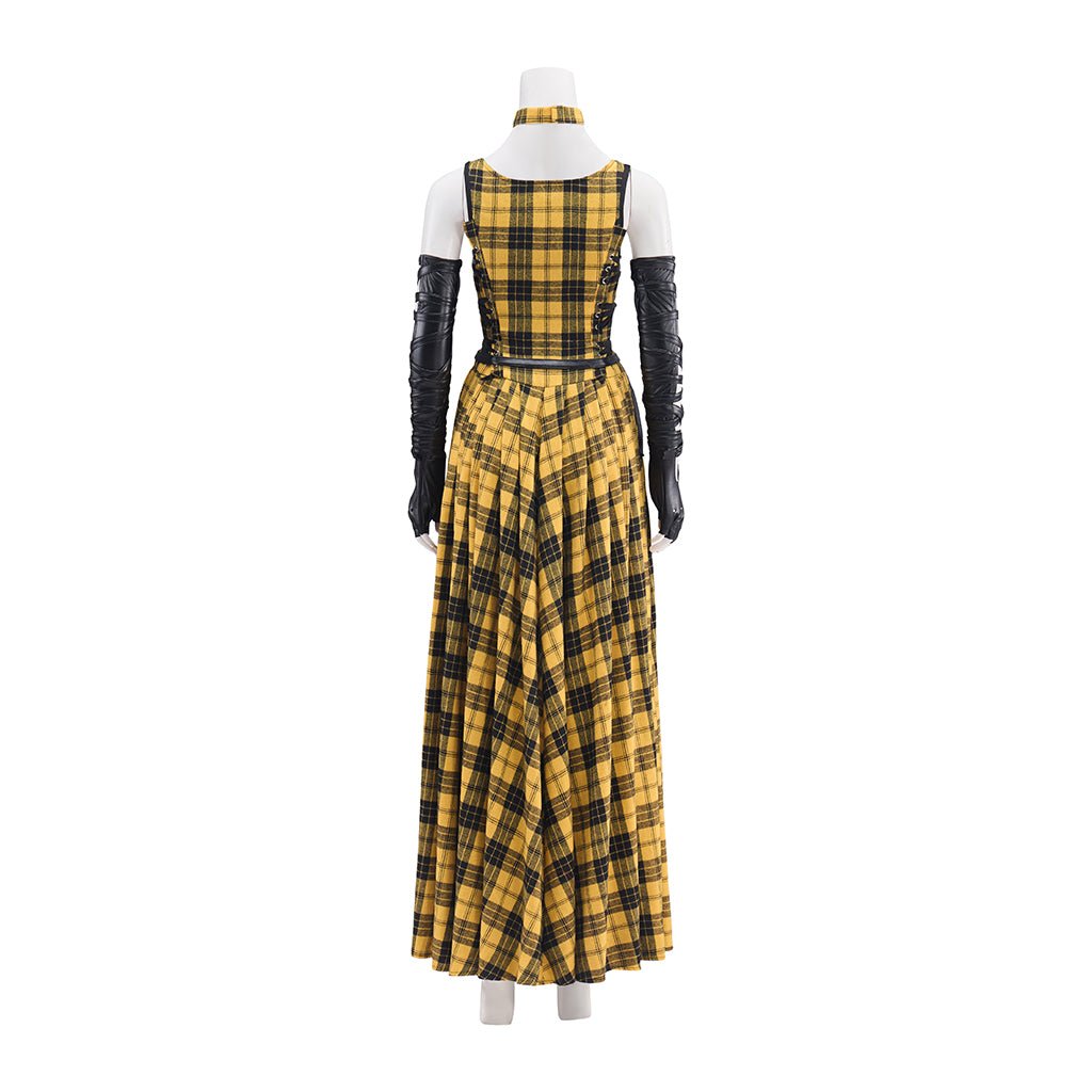Robe Longue Punk Rock Femme Jaune à Carreaux avec Manches en Cuir