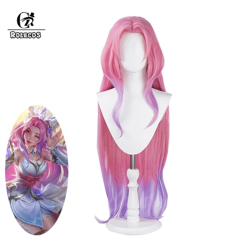 Perruque Cosplay Seraphine Rose Cristal LOL 85cm Femme Longue Dégradé