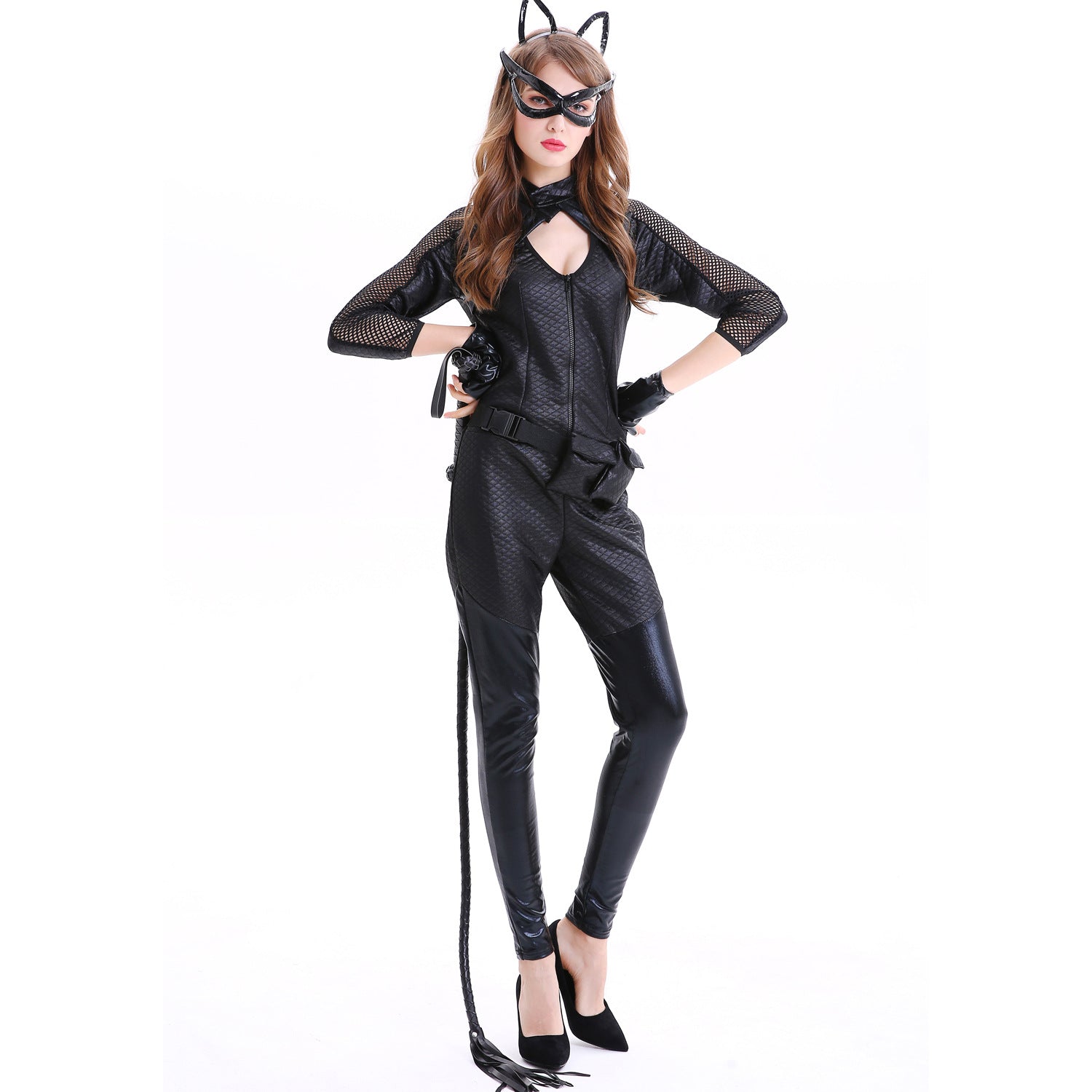 Costume de Catwoman pour Halloween - Combinaison en cuir PU et masque de chat pour cosplay