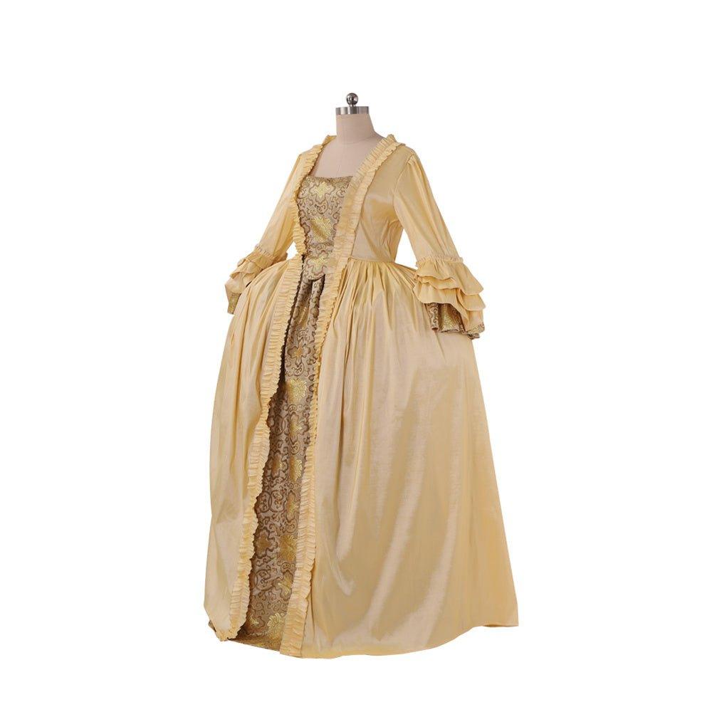 Robe Rococo Abricot du 18e Siècle - Gown Brocard Deluxe avec Fleurs sur le Corsage