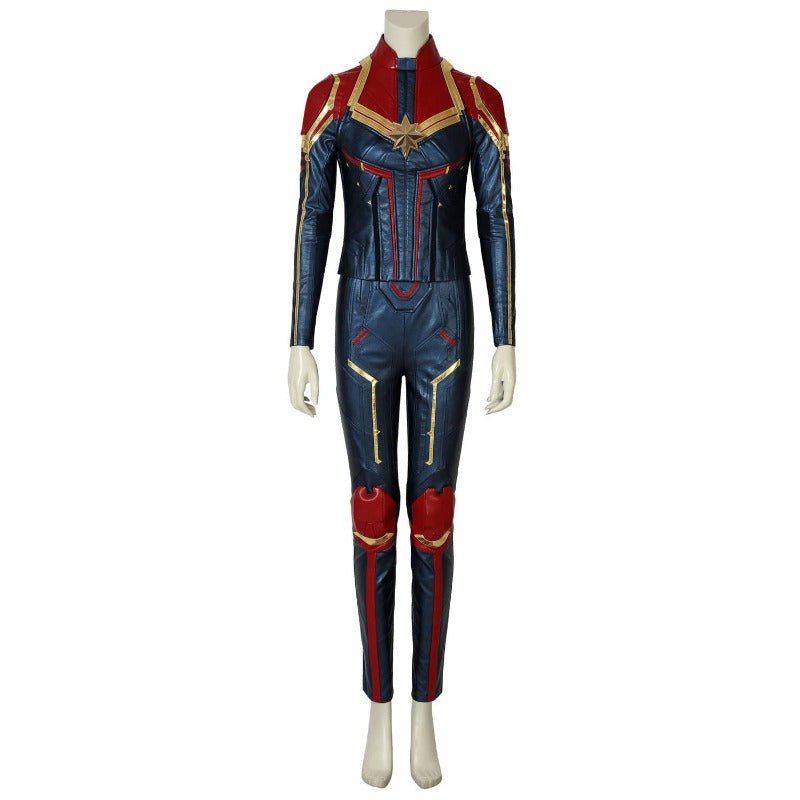 Costume Cosplay Captain Marvel Bleu Métallique Cuir PU – Parfait pour les Fans de Marvel
