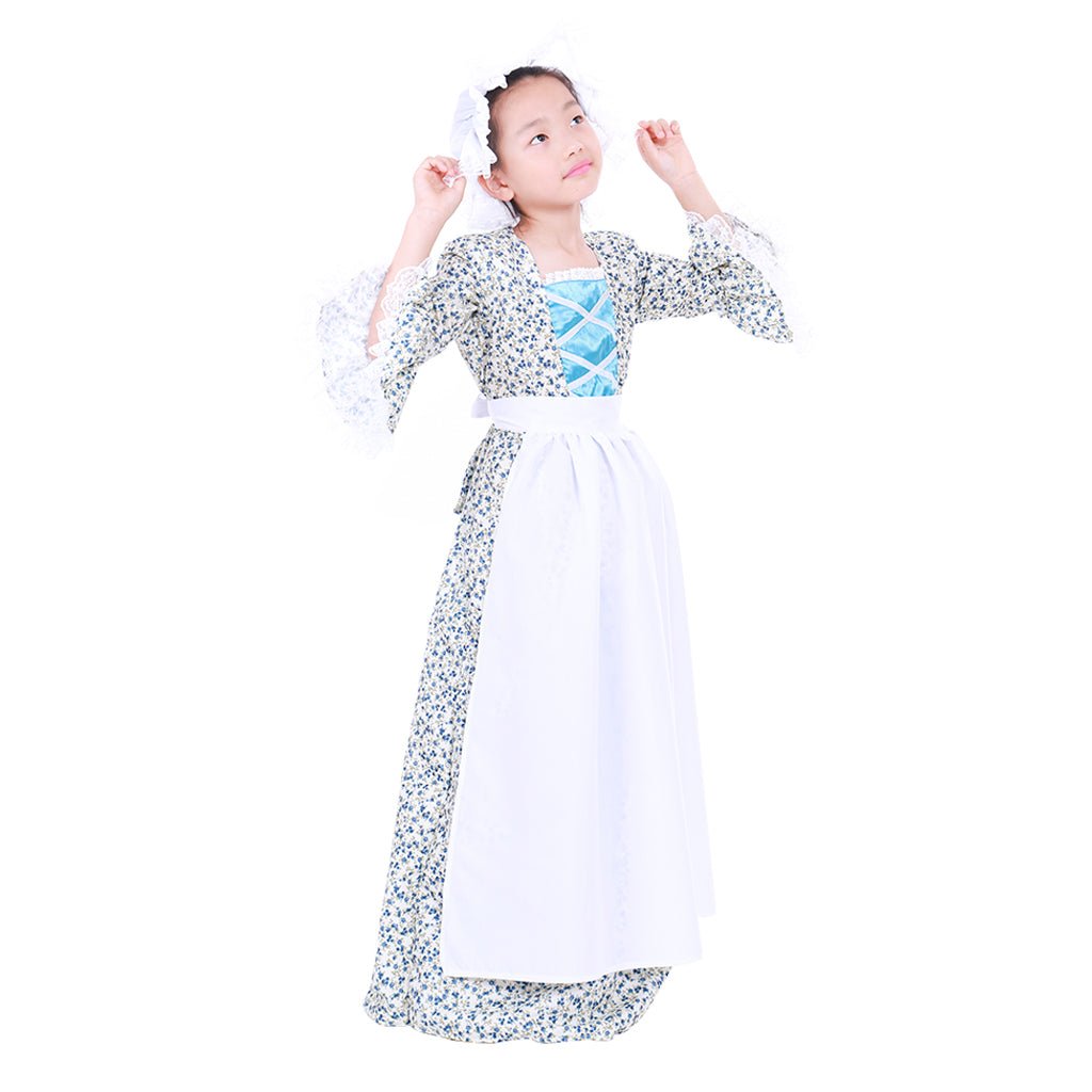 Costume Vintage Pionnière Fille Robe Coloniale Pèlerine Fleurie Ensemble Bonnet Cosplay Historique