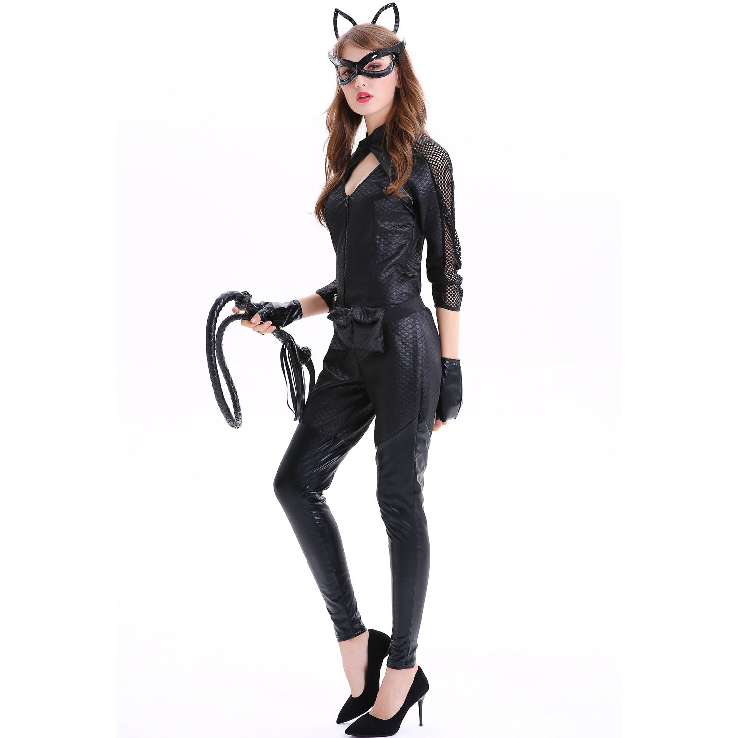 Costume de Catwoman pour Halloween - Combinaison en cuir PU et masque de chat pour cosplay
