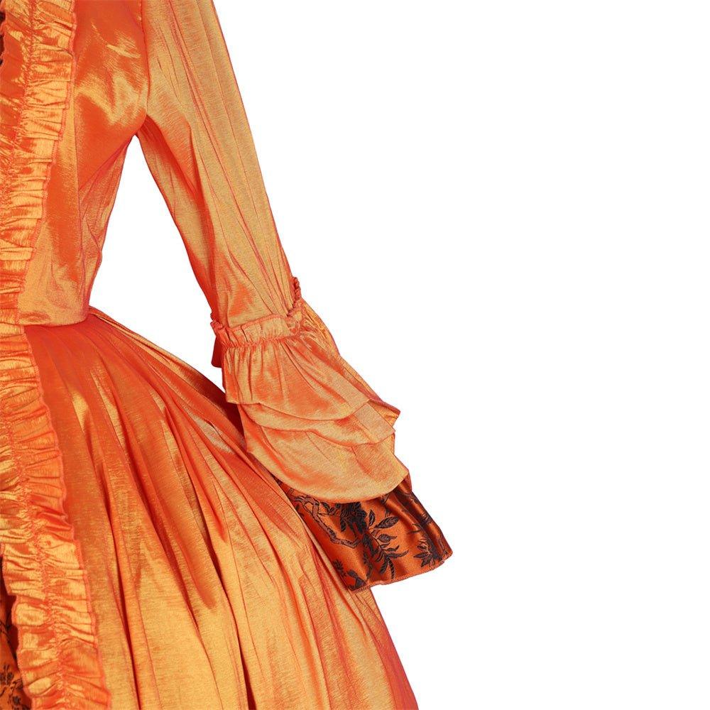 Robe Rococo Orange Brocart avec Bandeau Floral - Un Costume Médiéval Vif par L'AniMirage