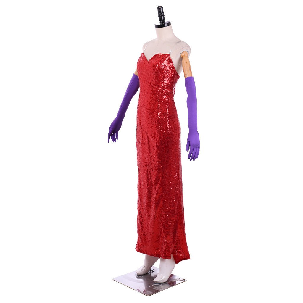 Robe Cosplay Jessica Rabbit Rouge Pailletée avec Fente Haute et Gants Violets