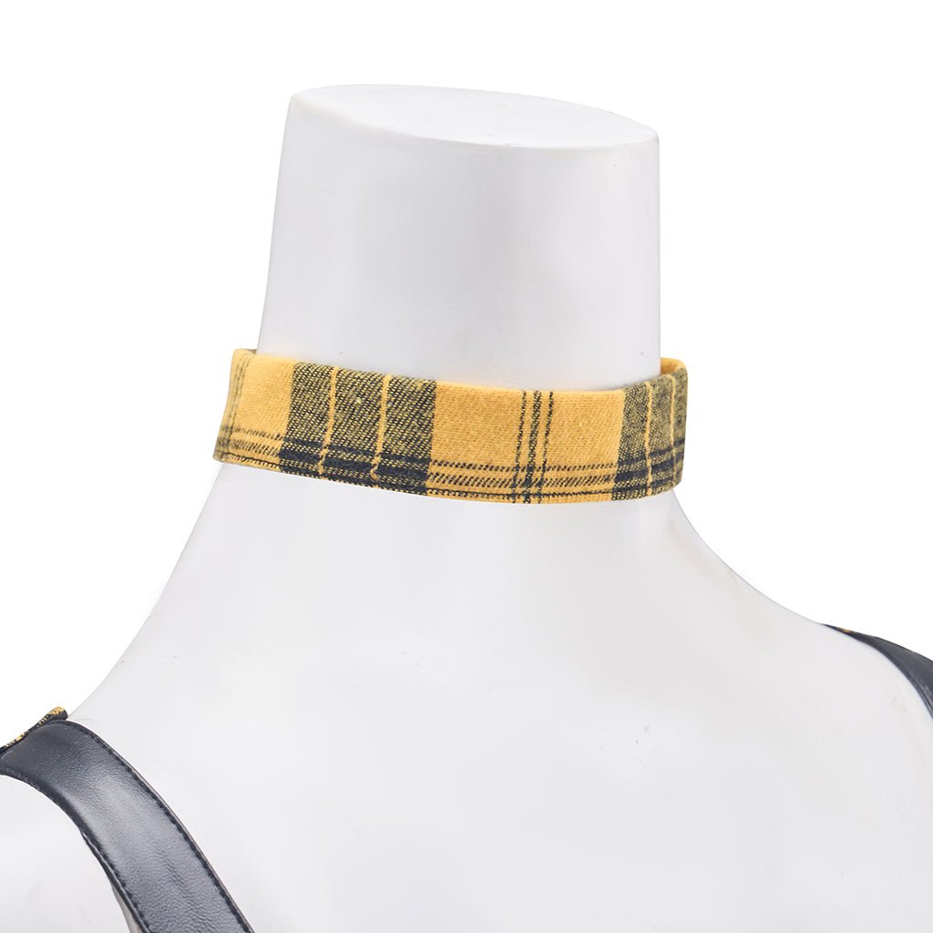 Robe Longue Punk Rock Femme Jaune à Carreaux avec Manches en Cuir