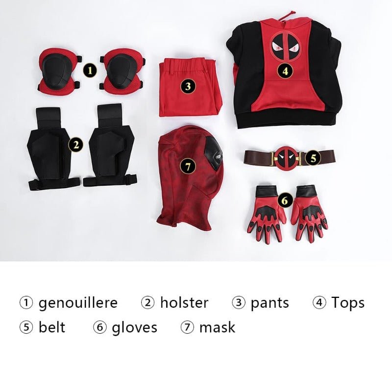 Costume Cosplay Deadpool 3 Wade Wilson Complet avec Hoodie et Sac pour Enfants et Adultes