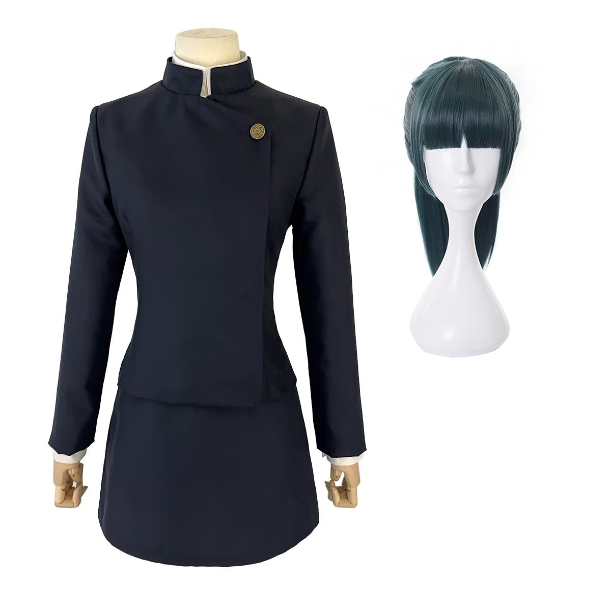 Costume Cosplay Maki Zenin Jujutsu Kaisen - Perruque, Veste Bleu Foncé et Jupe