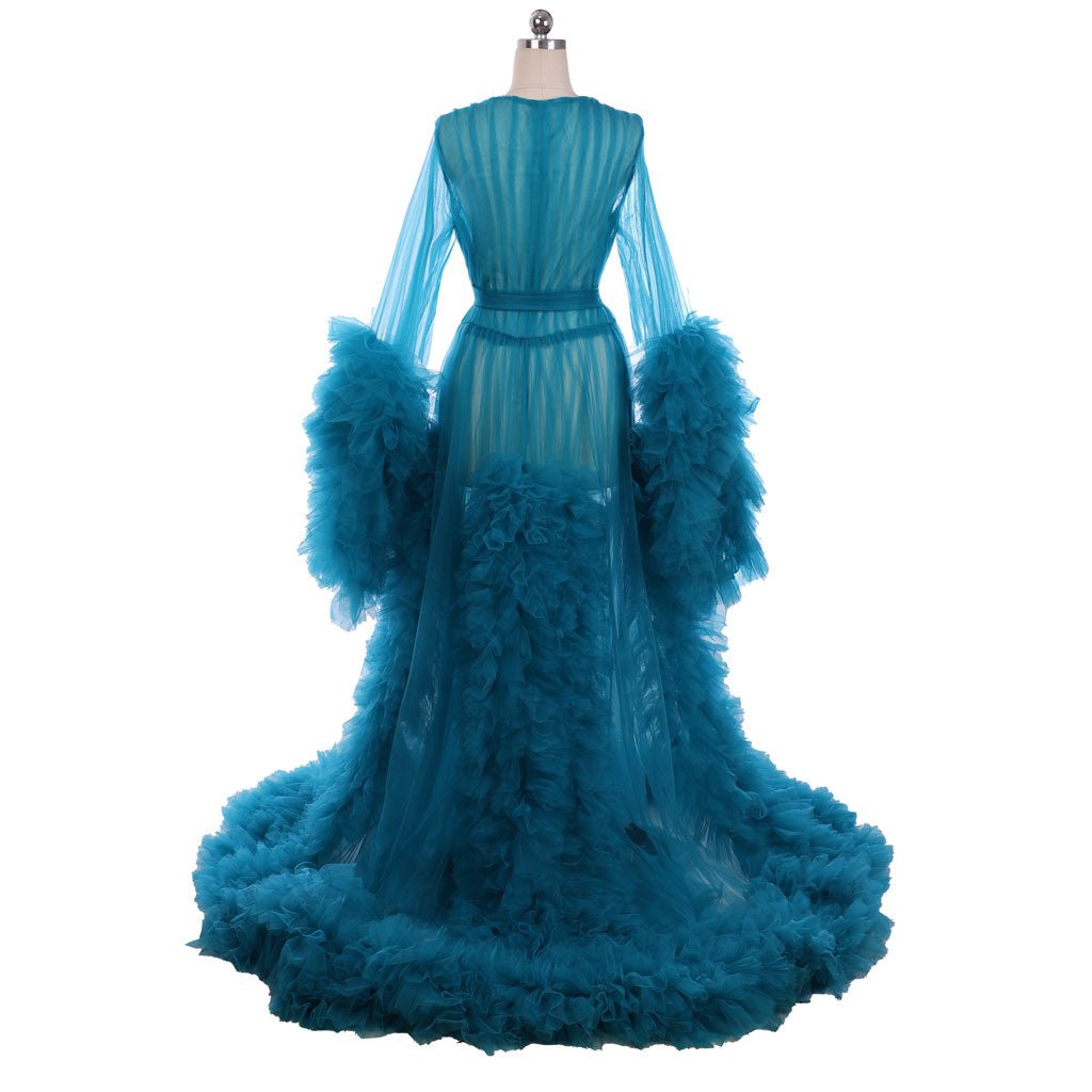 Robe de Mariée Boudoir Élégante | Costume Long en Tulle Bleu Illusion du 18e Siècle Médiéval pour Femmes