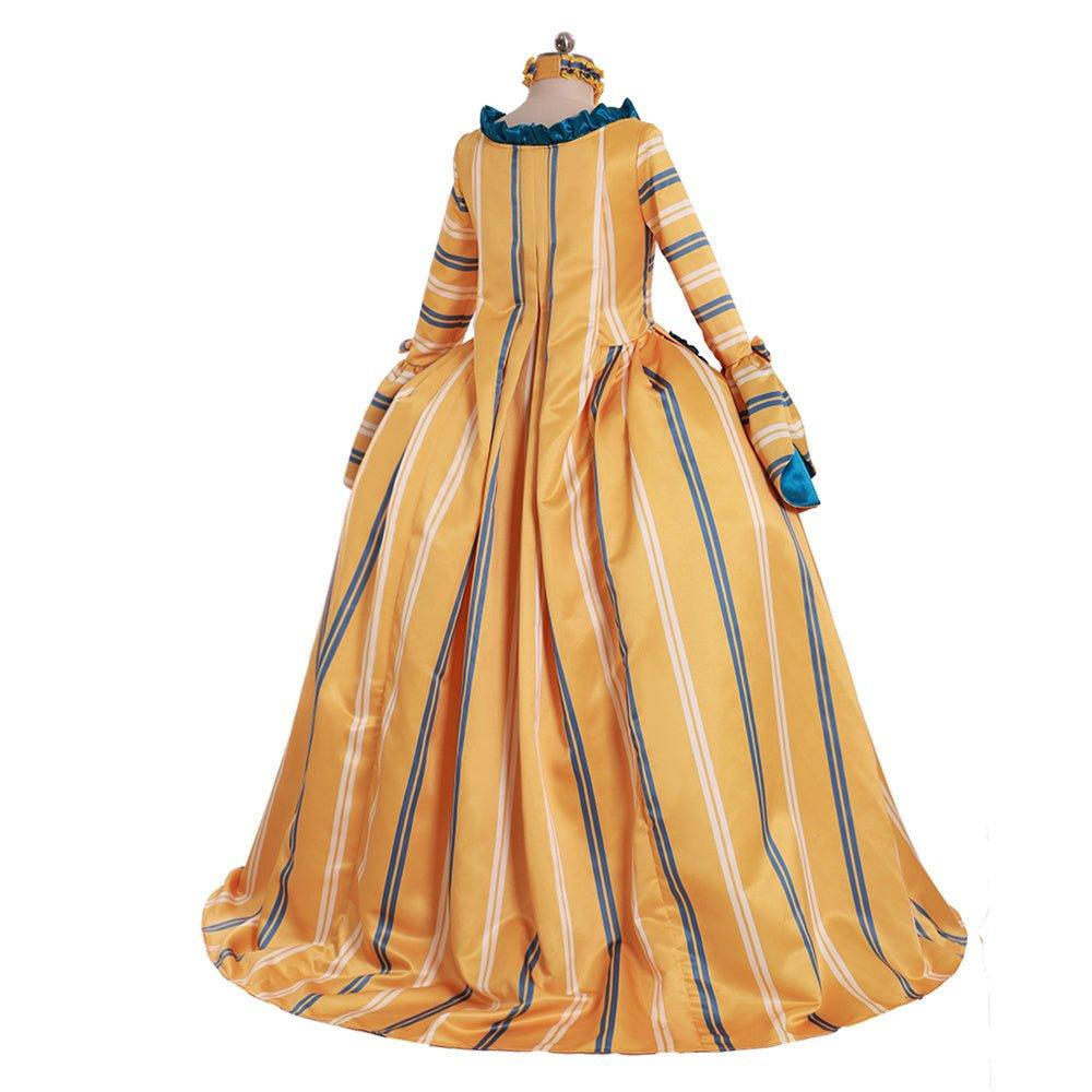 Robe de Mariée Rococo Jaune du 18e Siècle - Élégance Rayée avec Fleurs Bleues