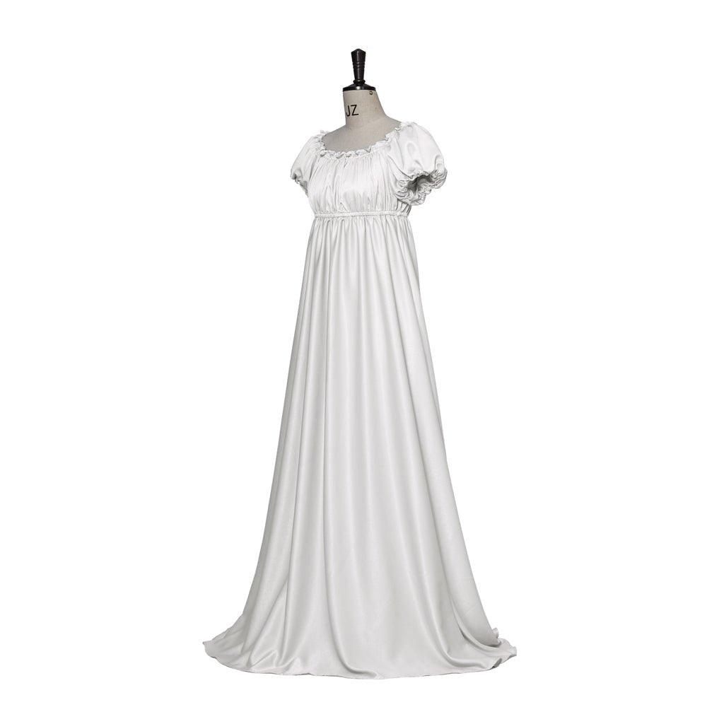 Robe Empire Médiévale Traditionnelle - Costume Cosplay Bridgerton en Tissu Soie Argent Blanc