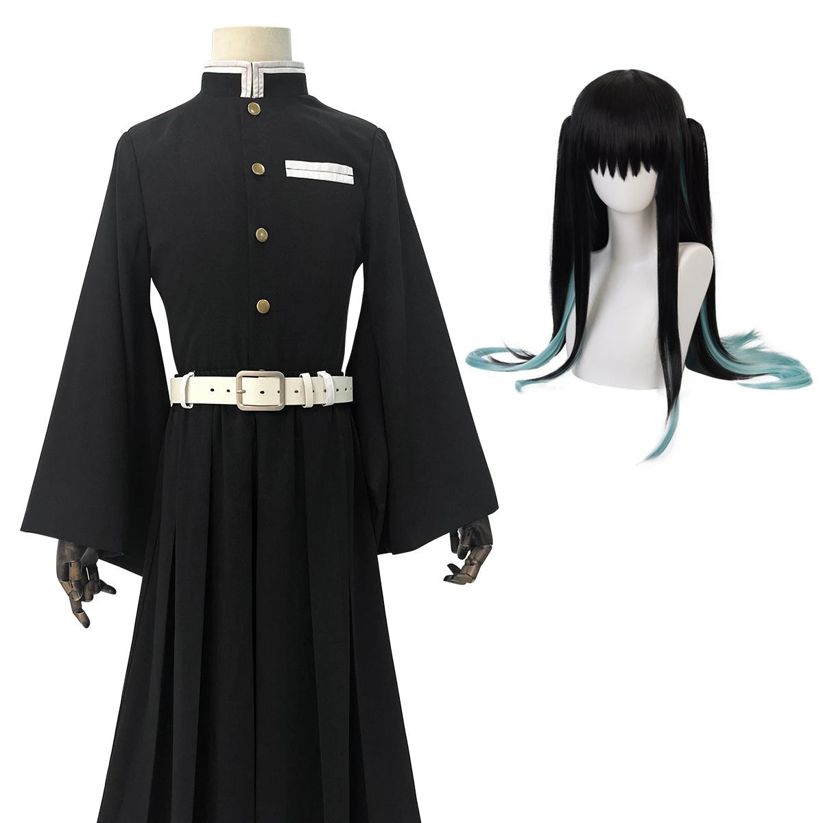 Costume Cosplay Tokitou Muichirou de Demon Slayer - Perruque, Haut Brodé, Pantalon Élastique, Ceinture et Filet Rose