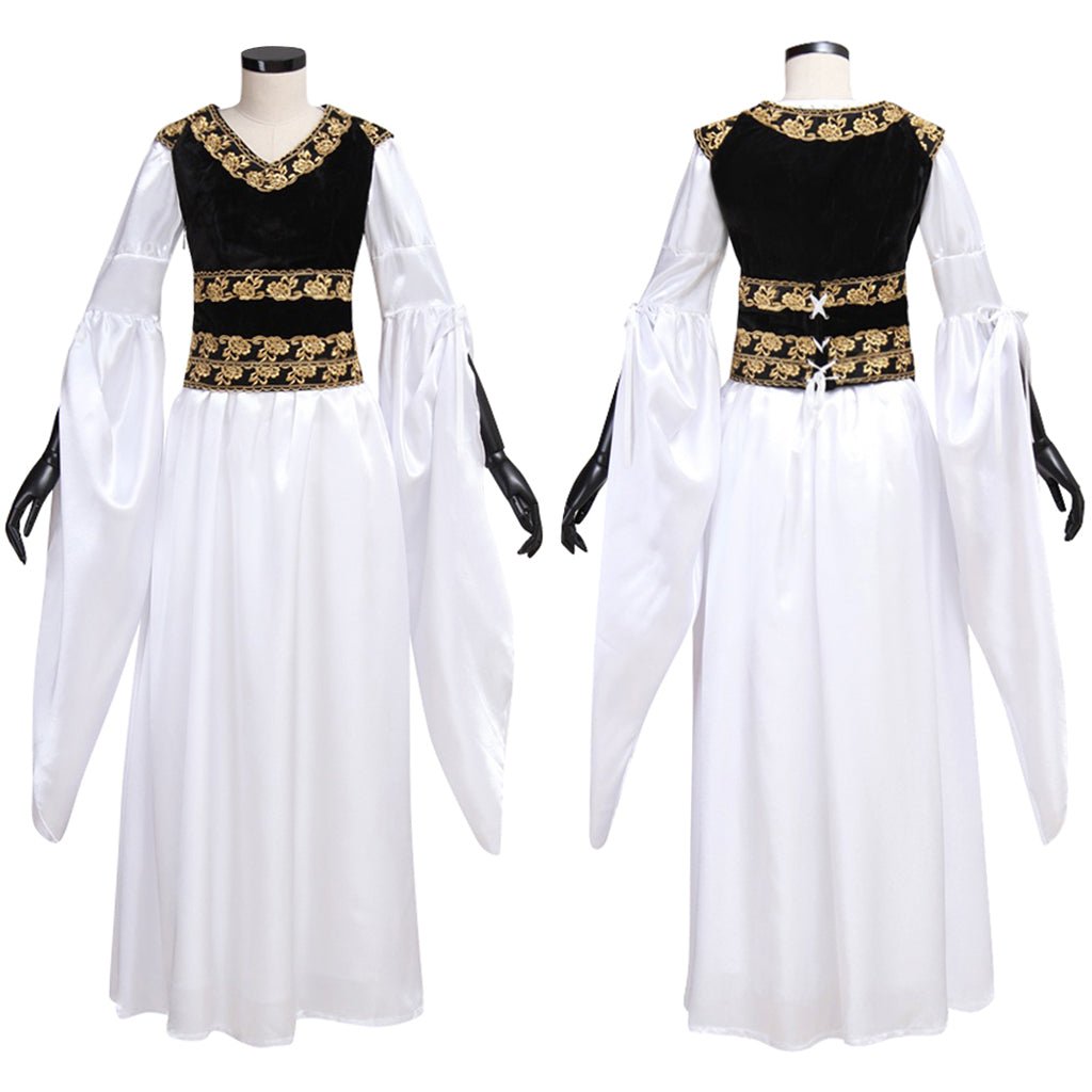 Robe médiévale blanche avec gilet noir costume cosplay personnalisé pour adultes Halloween Carnaval