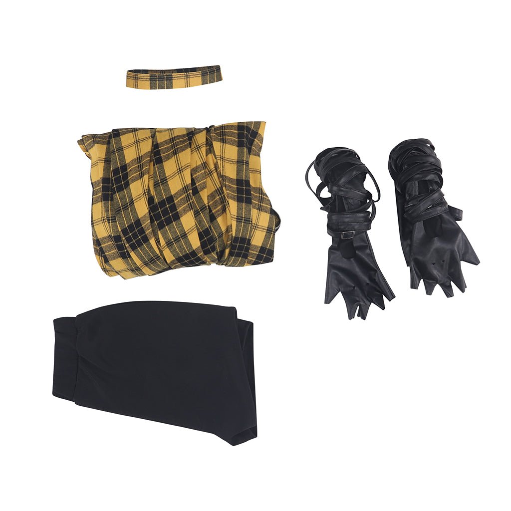 Robe Longue Punk Rock Femme Jaune à Carreaux avec Manches en Cuir