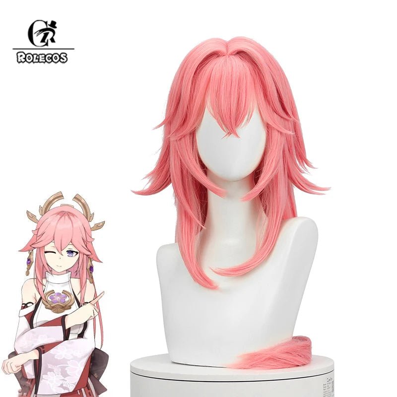 Perruque Cosplay Yae Guuji Genshin Impact 80cm Rose Droite Perruque Yae Miko Résistante à la Chaleur Cheveux Synthétiques