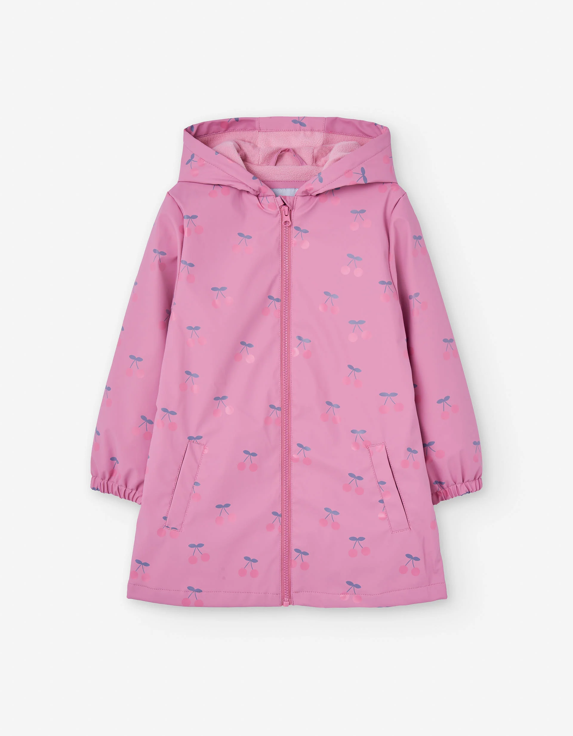 Hooded rubber parka with cherry print for girls, pink