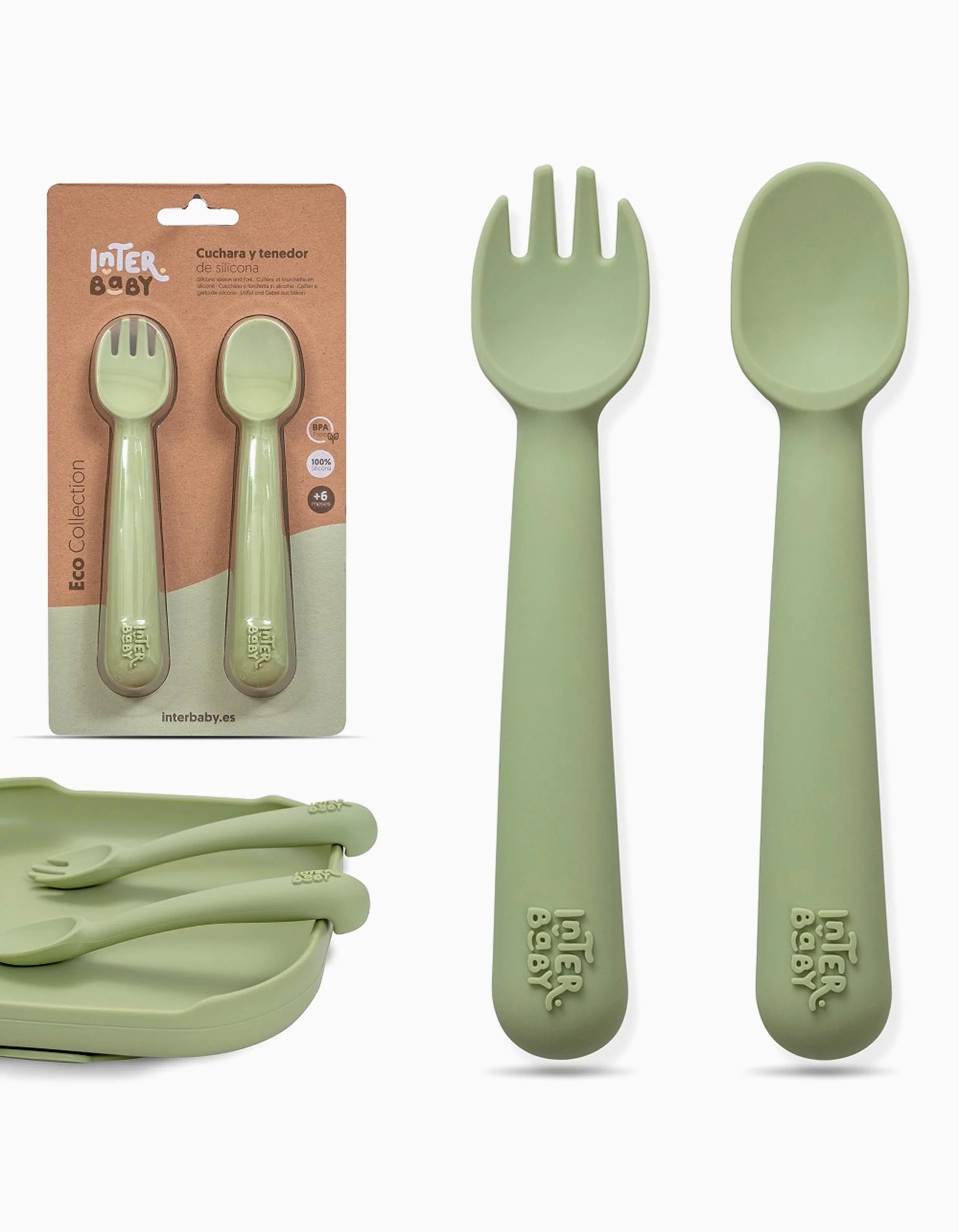 Silicone Spoon + Fork Interbaby 6M+, Verde