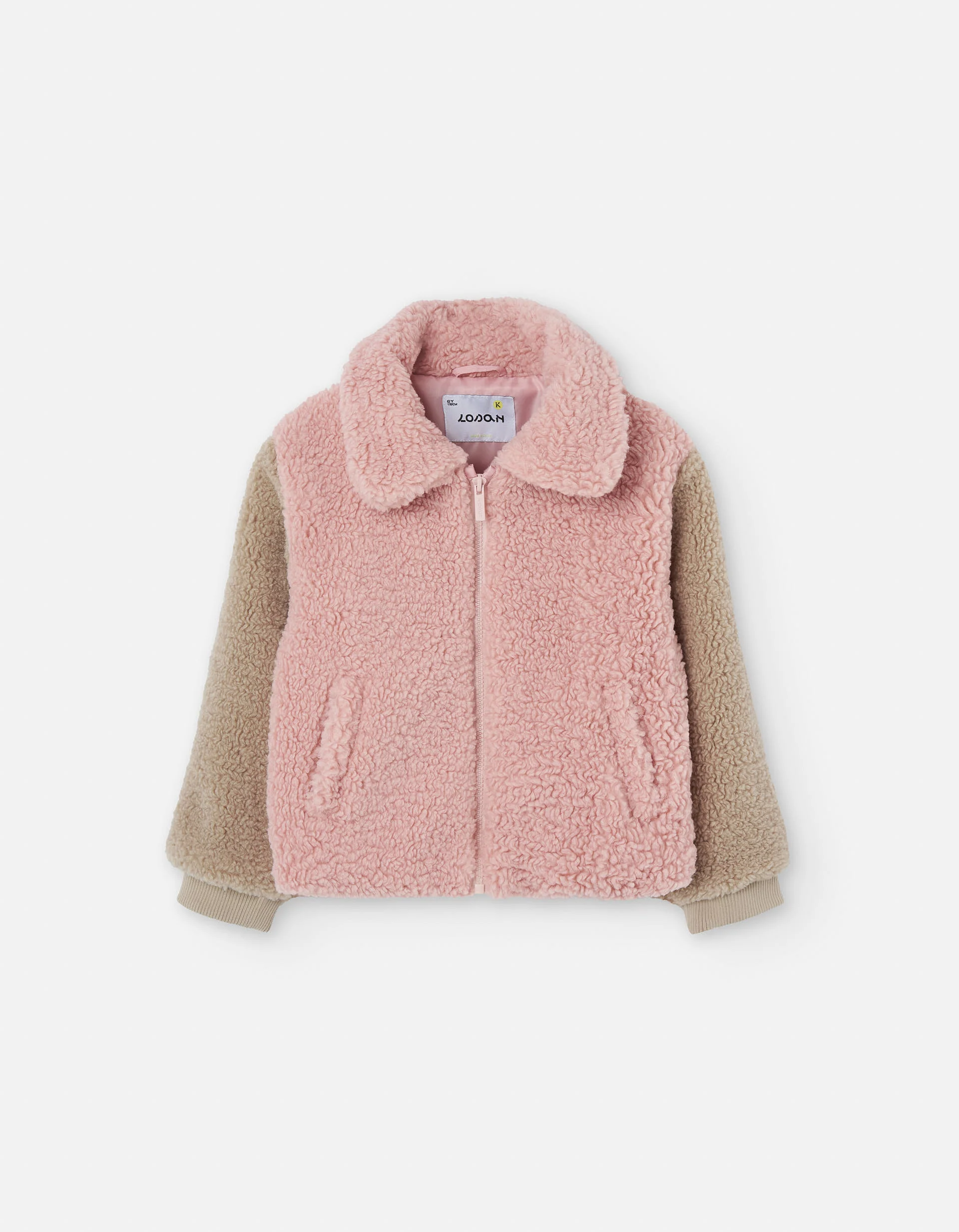 Synthetic sherpa jacket for girls, light pink/brown