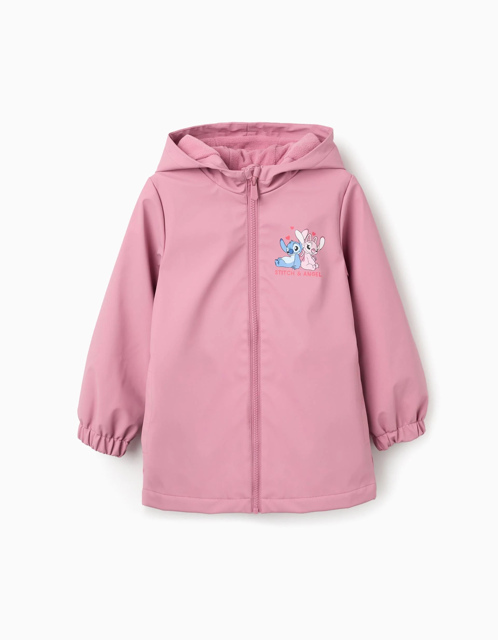 Hooded rubber parka with Stitch and Angel print for girls, pink