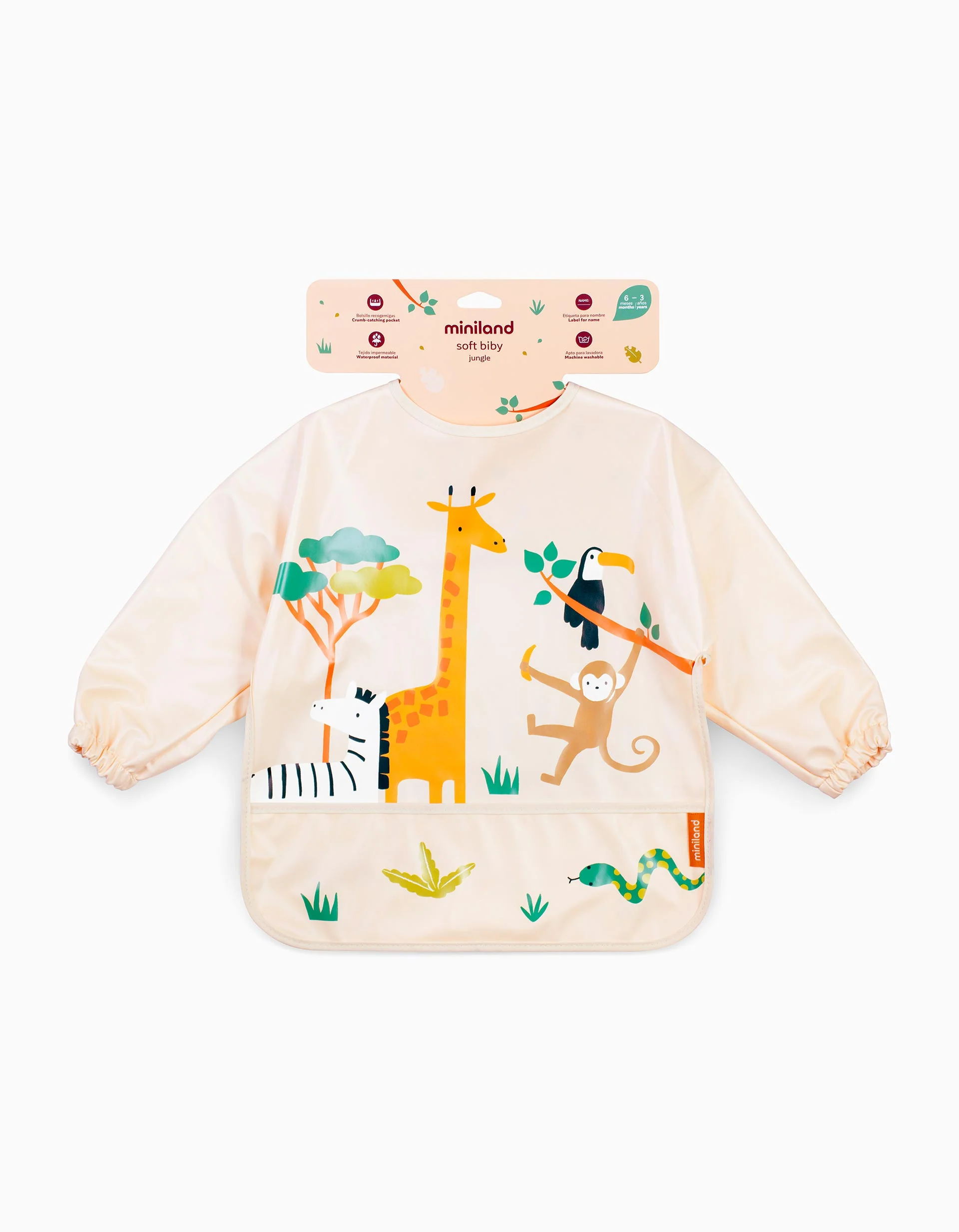 Jungle Waterproof Soft Bib with Sleeves and Pocket by Miniland