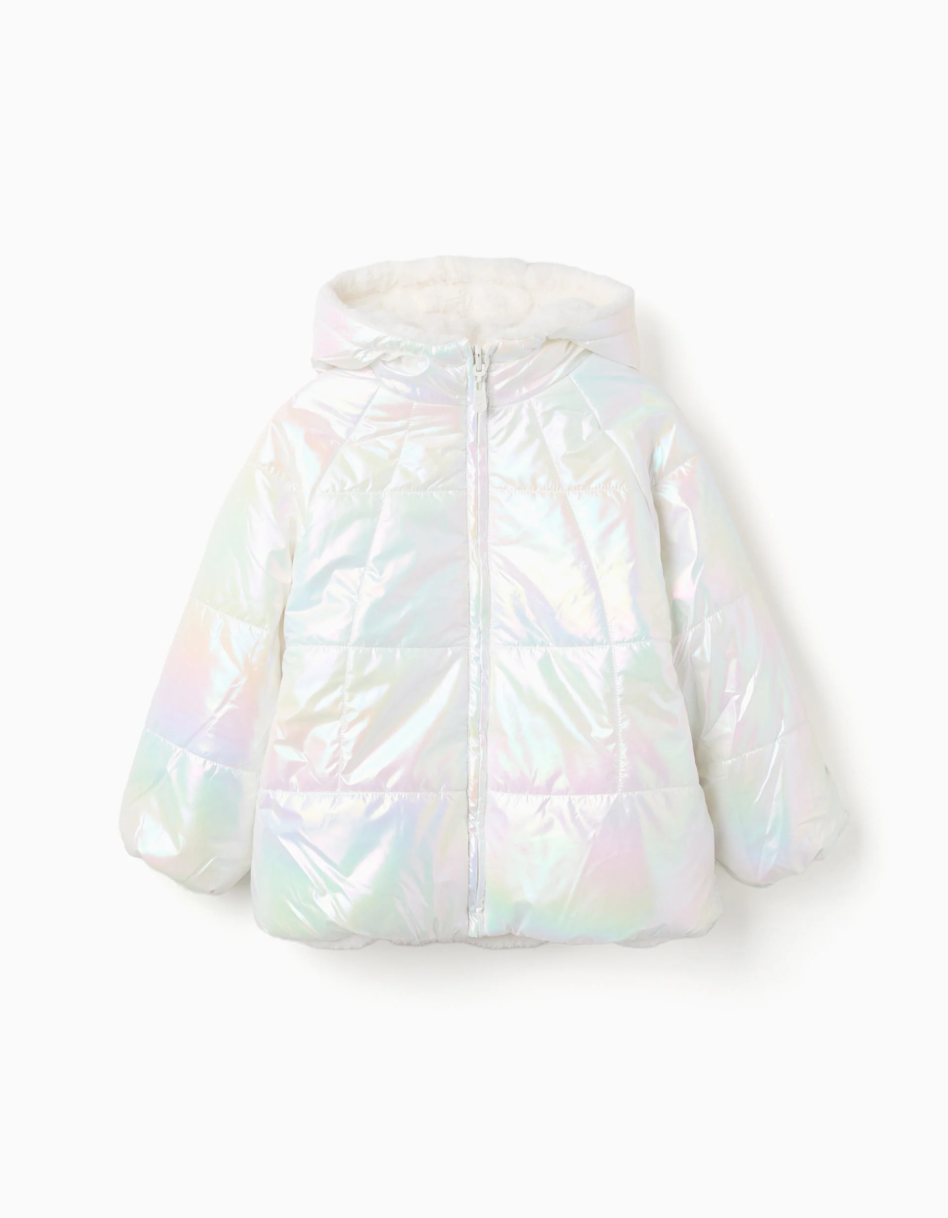 Reversible quilted jacket with hood for girls, iridescent/beige