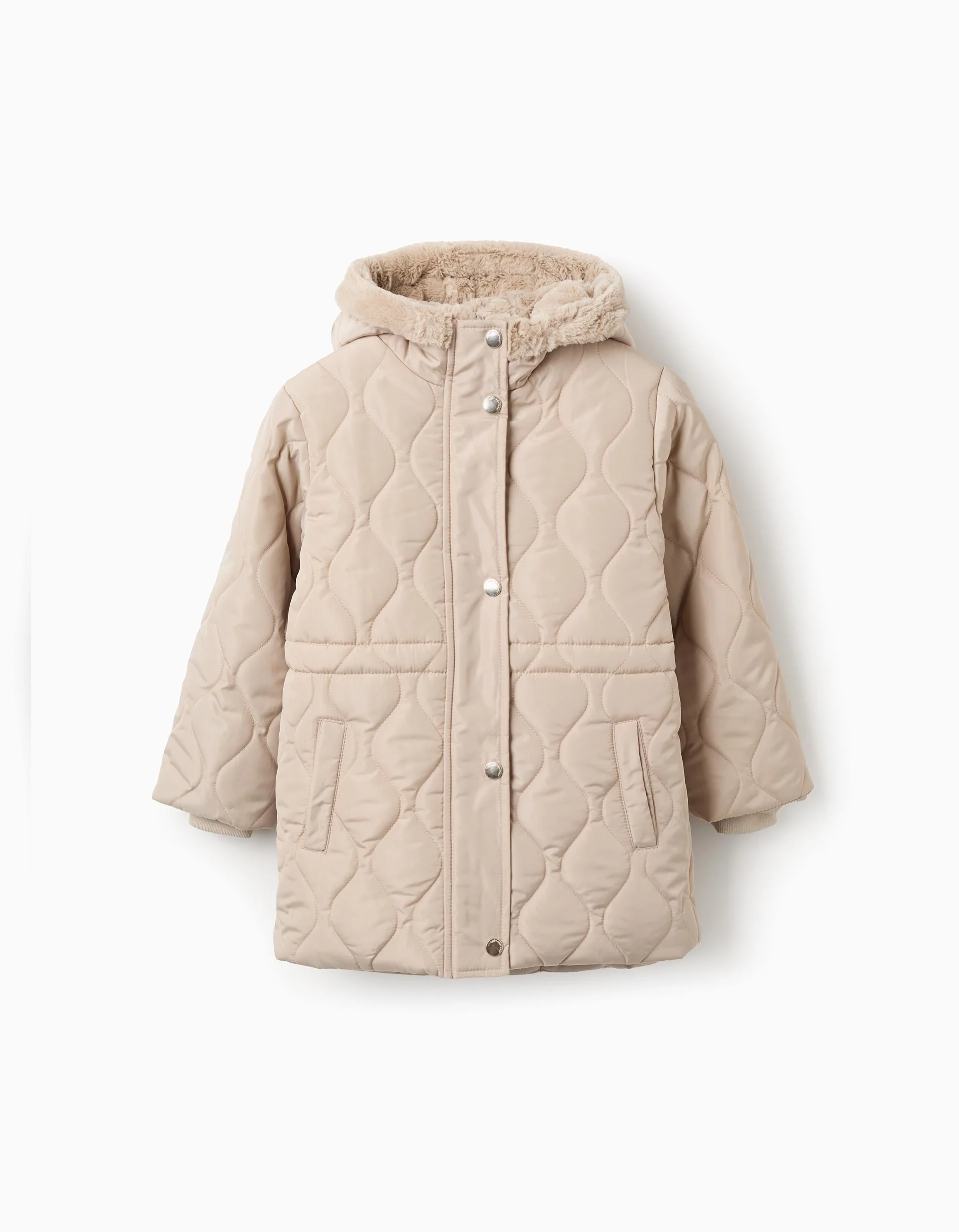 Medium Length Padded Parka with Hood for Girls, Beige