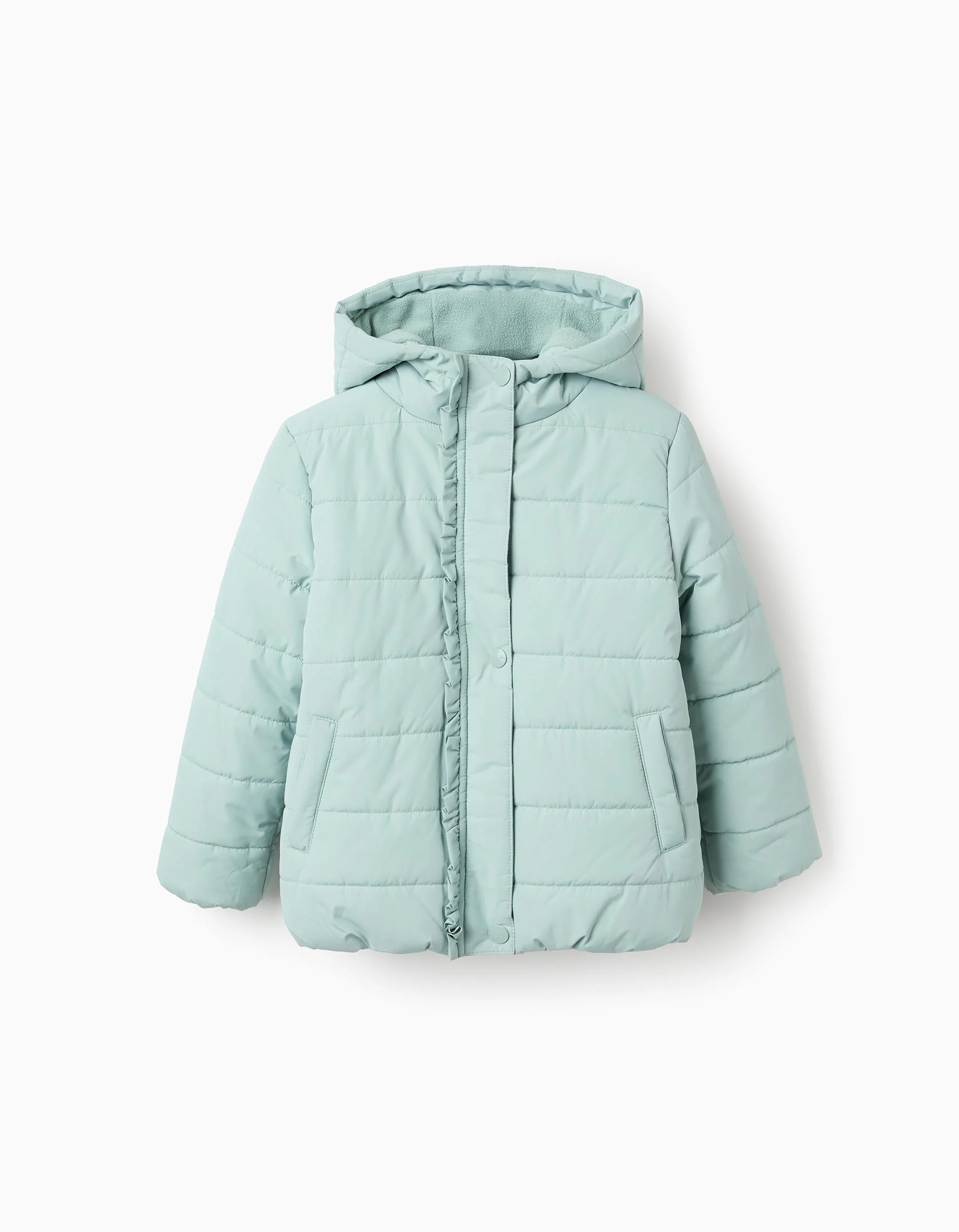 Padded Jacket with Hood and Polar Lining for Girls, Aqua Green