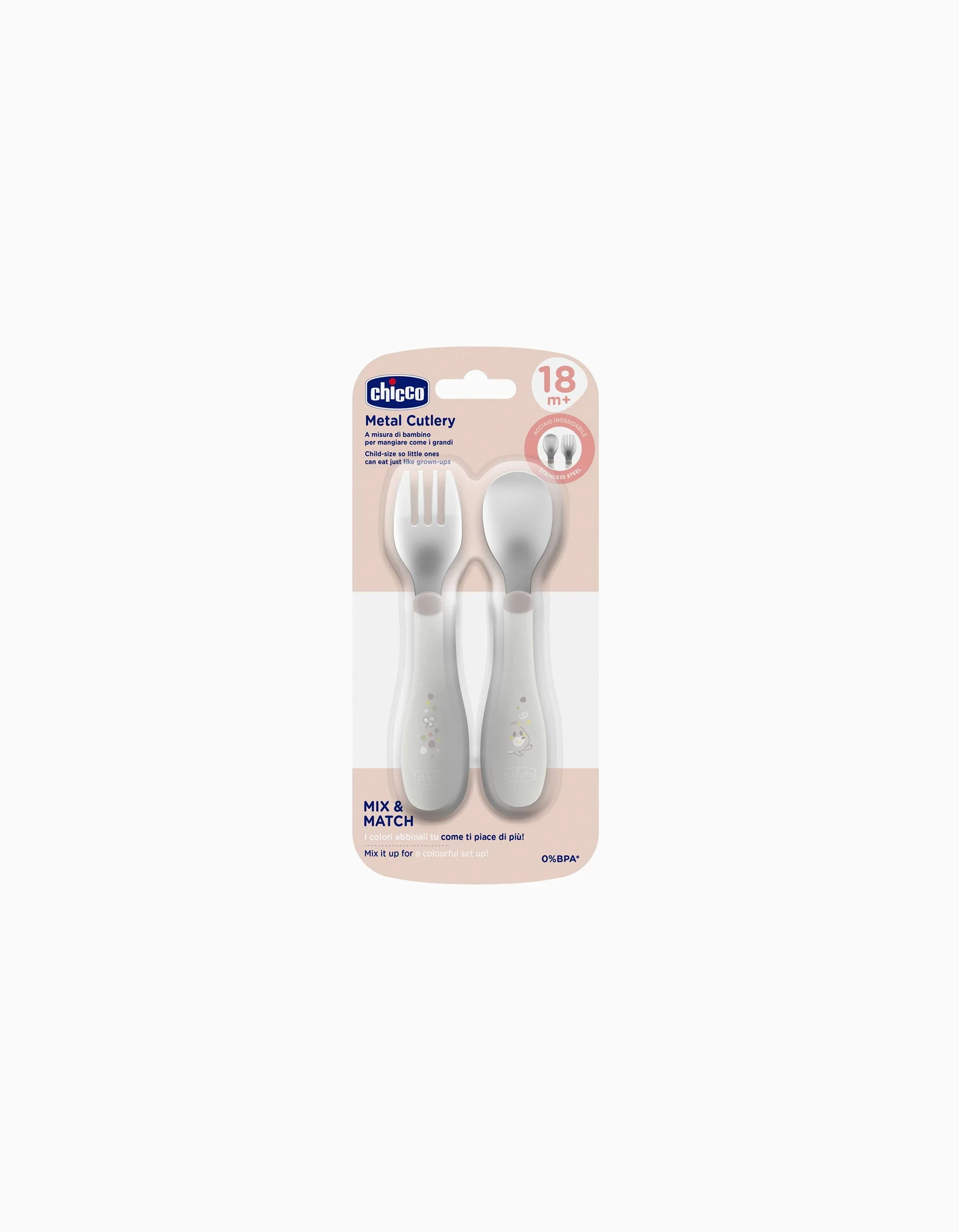Chicco Cutlery Set Spoon and Fork Stainless Steel 18M+, Grey