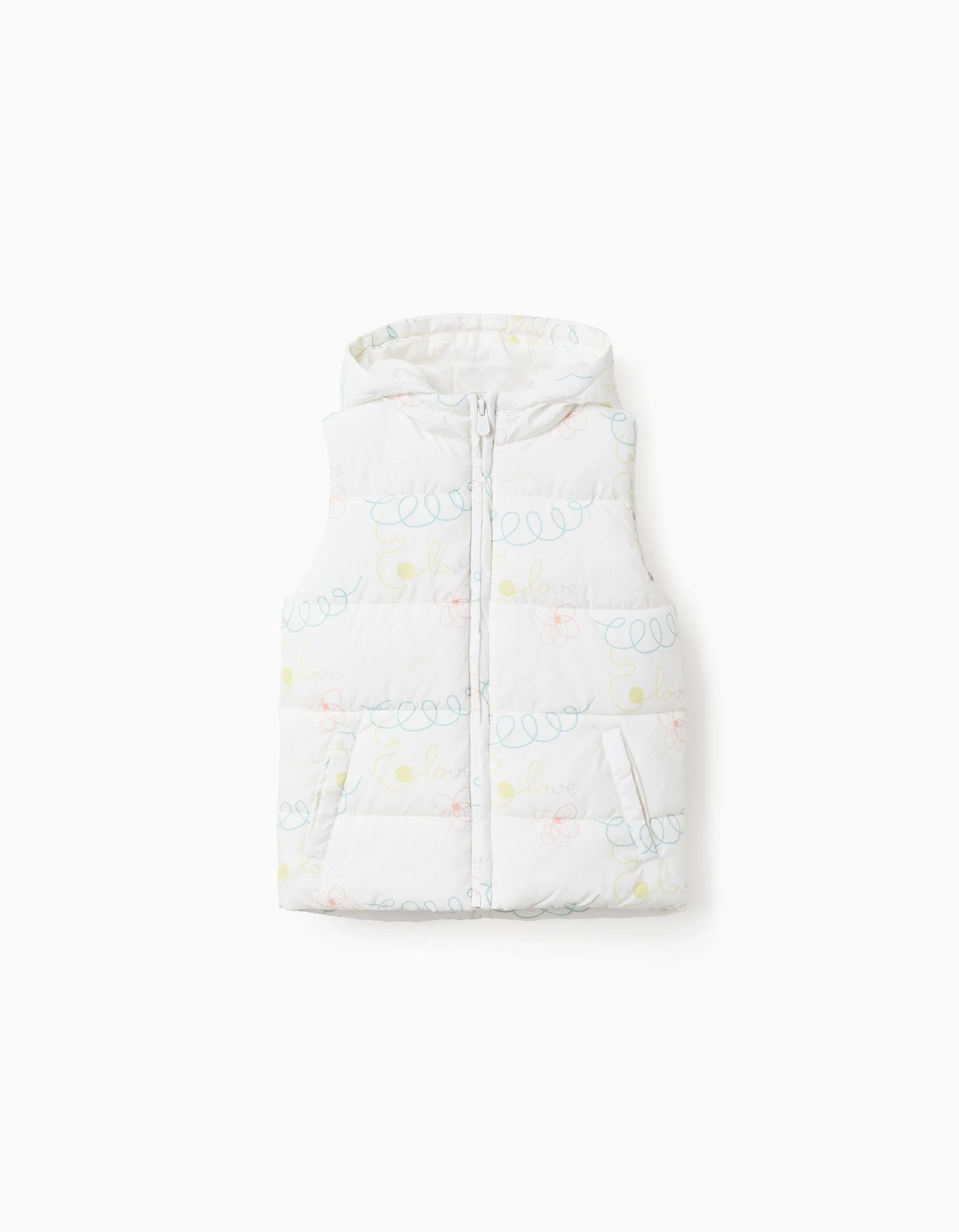 Padded Vest with Hood and Motif for Girls 'Love', White