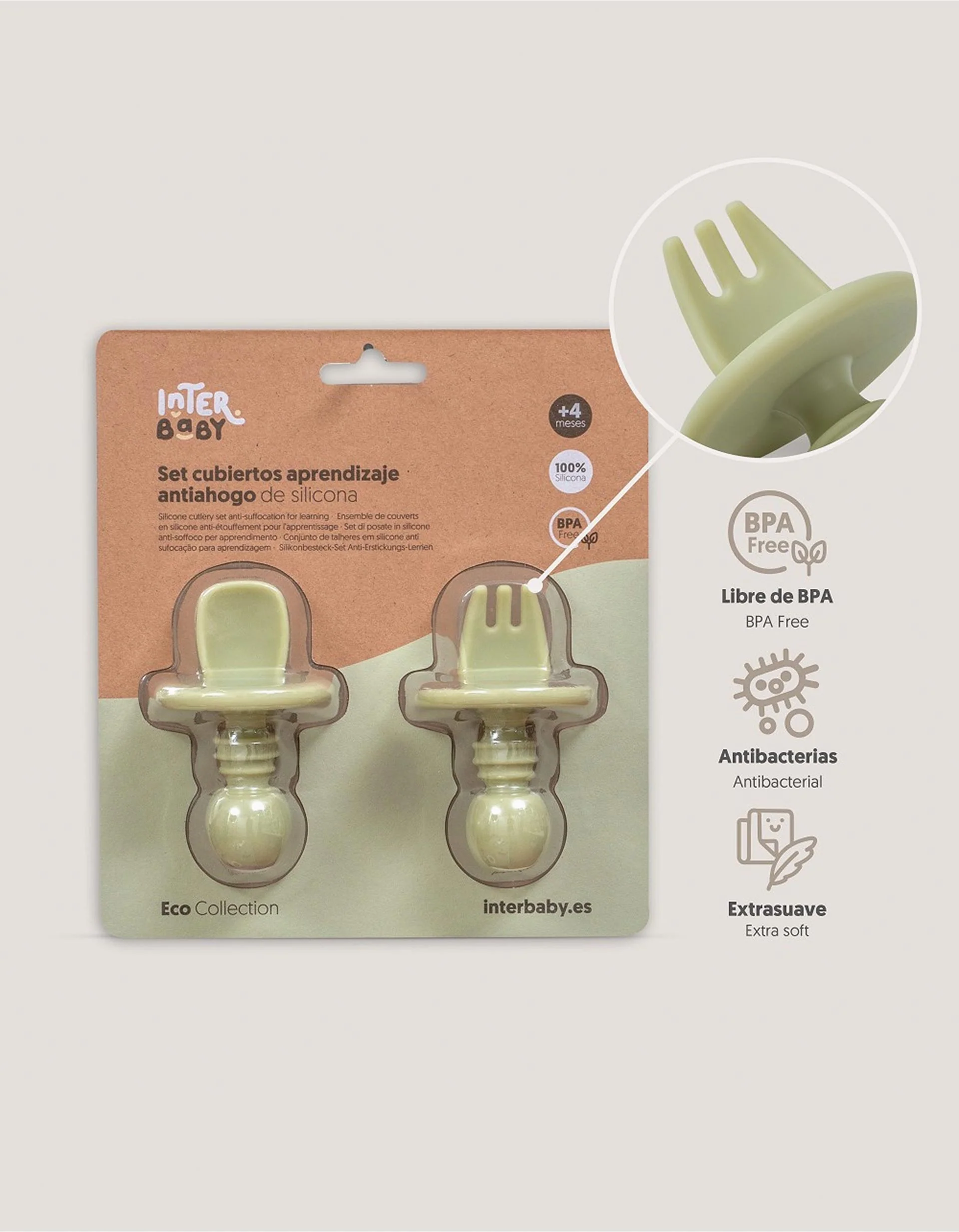 Pack of Silicone Starter Cutlery Anti-Choking Interbaby 4M+, Green