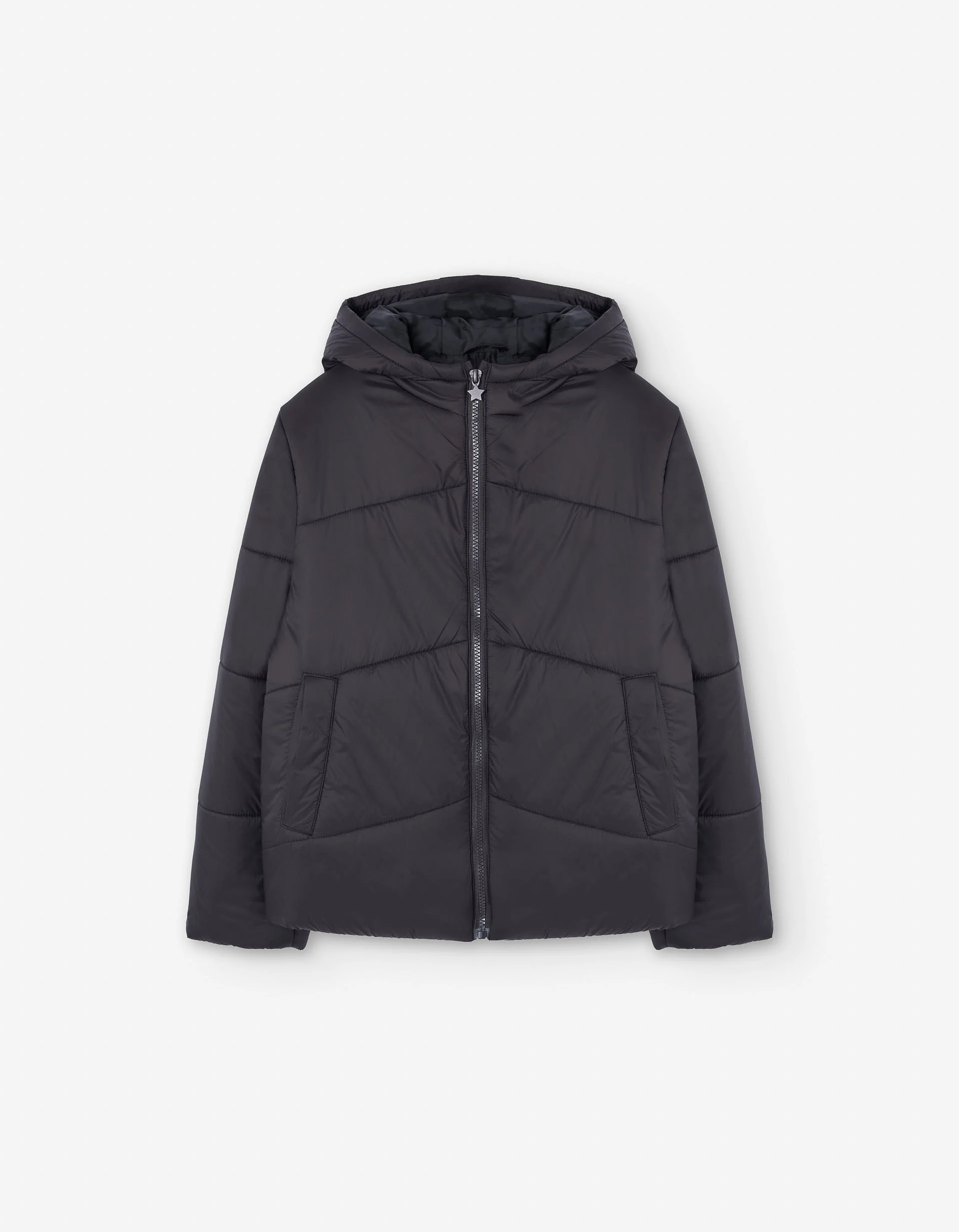 Hooded puffer jacket with pockets for girls, black