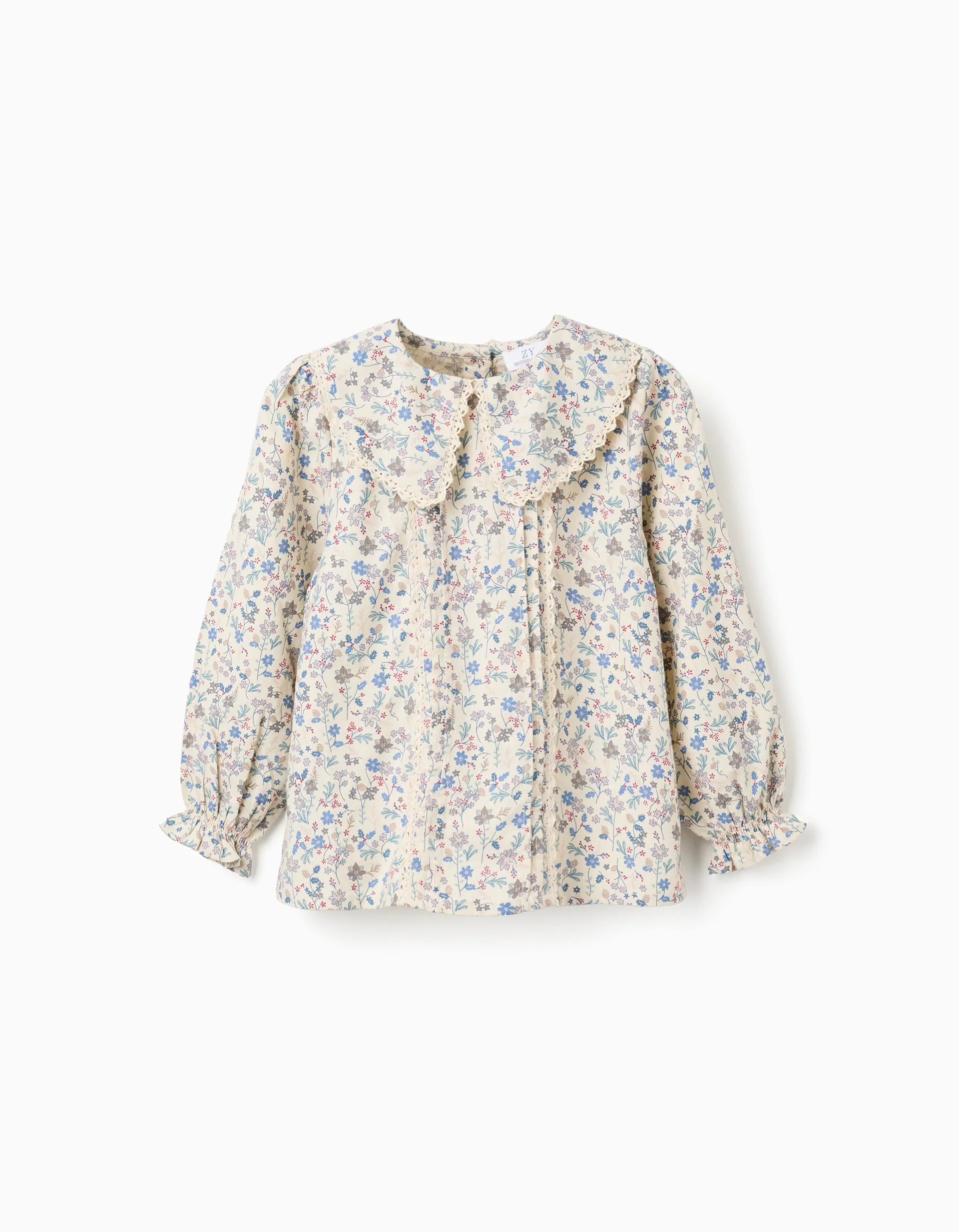 Cotton blouse with floral pattern and embroidery B&S for girls, beige