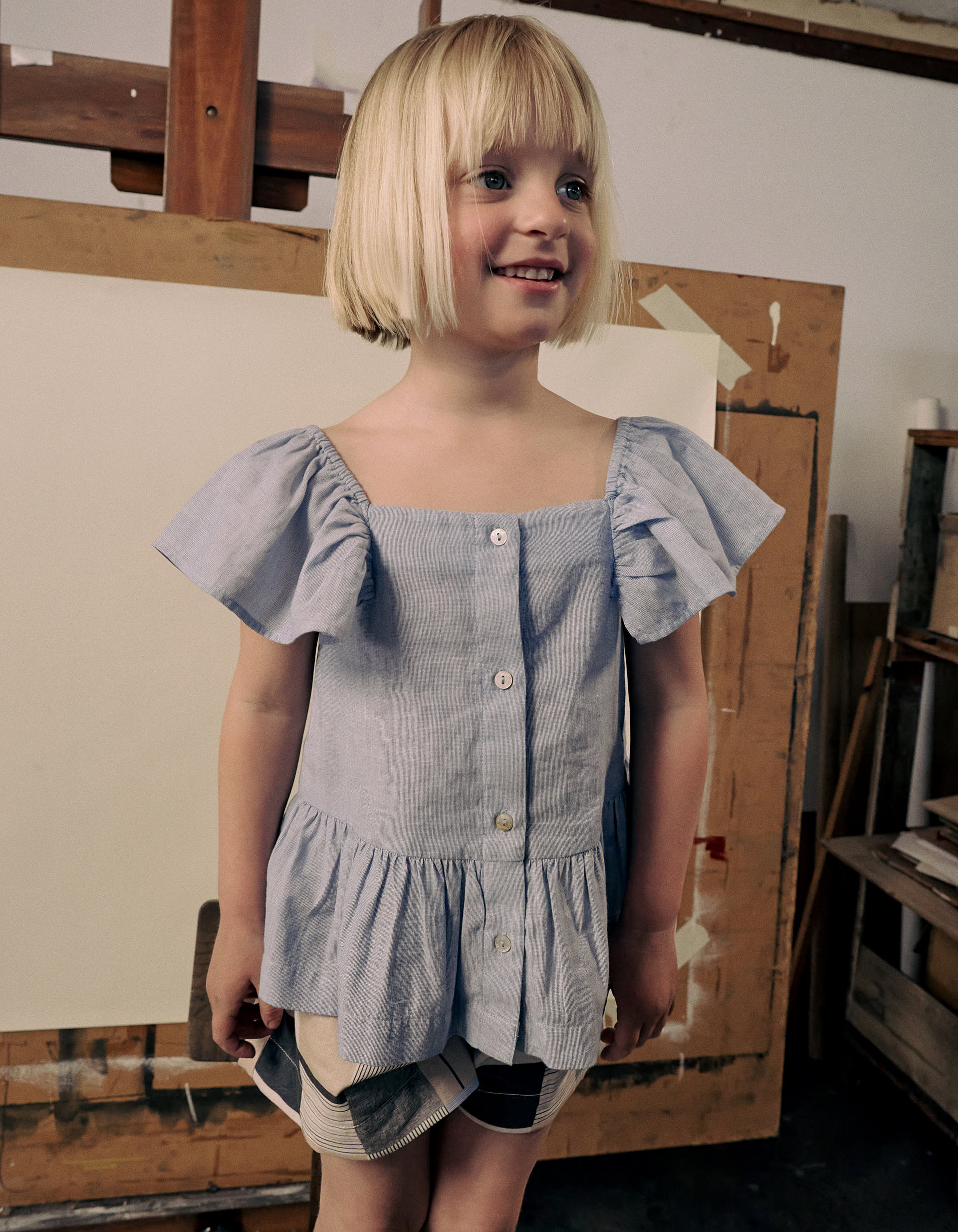 Cotton Shirt with Square Neckline and Ruffles for Girls 'B&S', Blue
