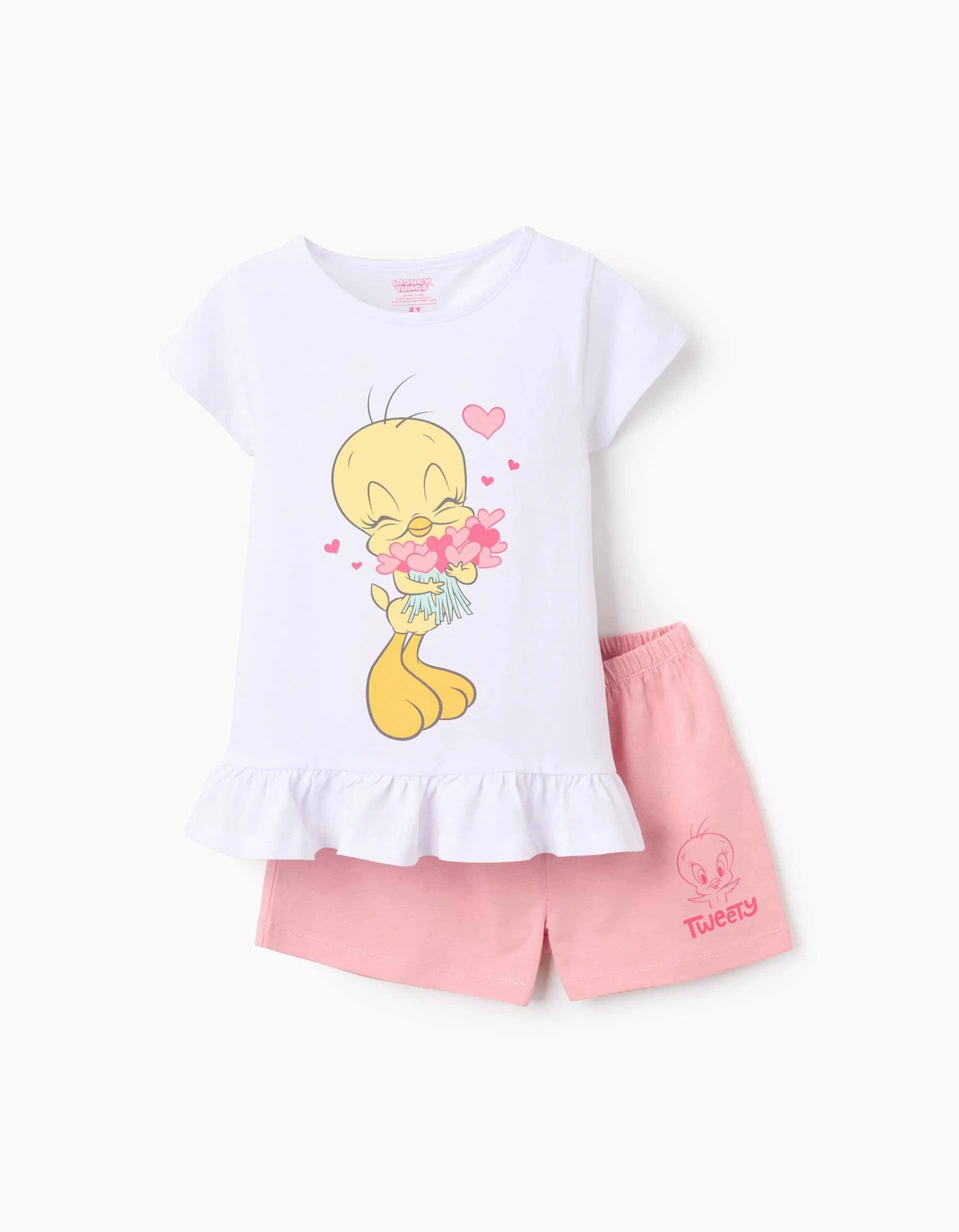 Cotton Short Pyjama with Ruffles for Girls 'Tweety', White/Pink