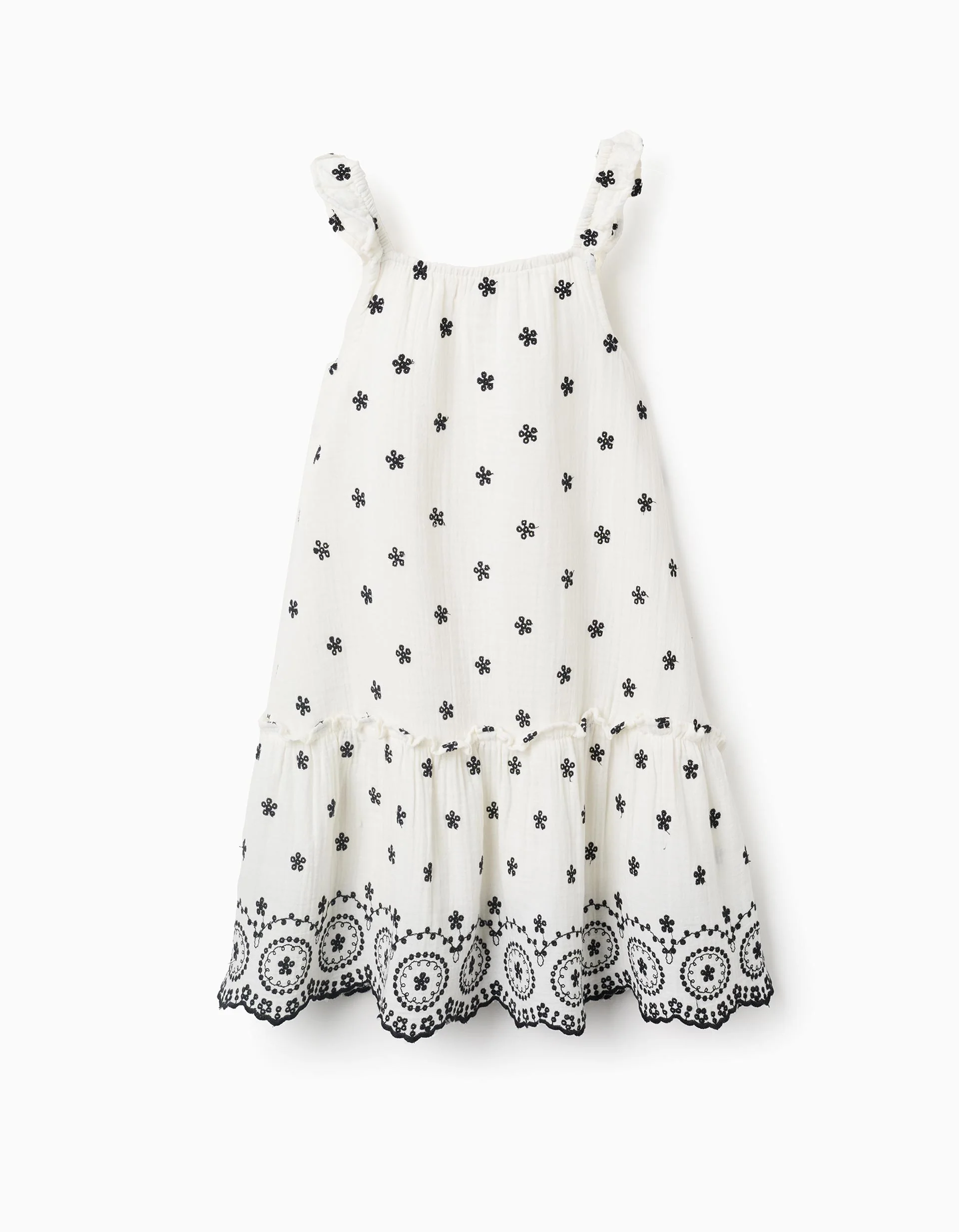 Cotton Bamboula Dress with Embroidery for Girls, White/Black
